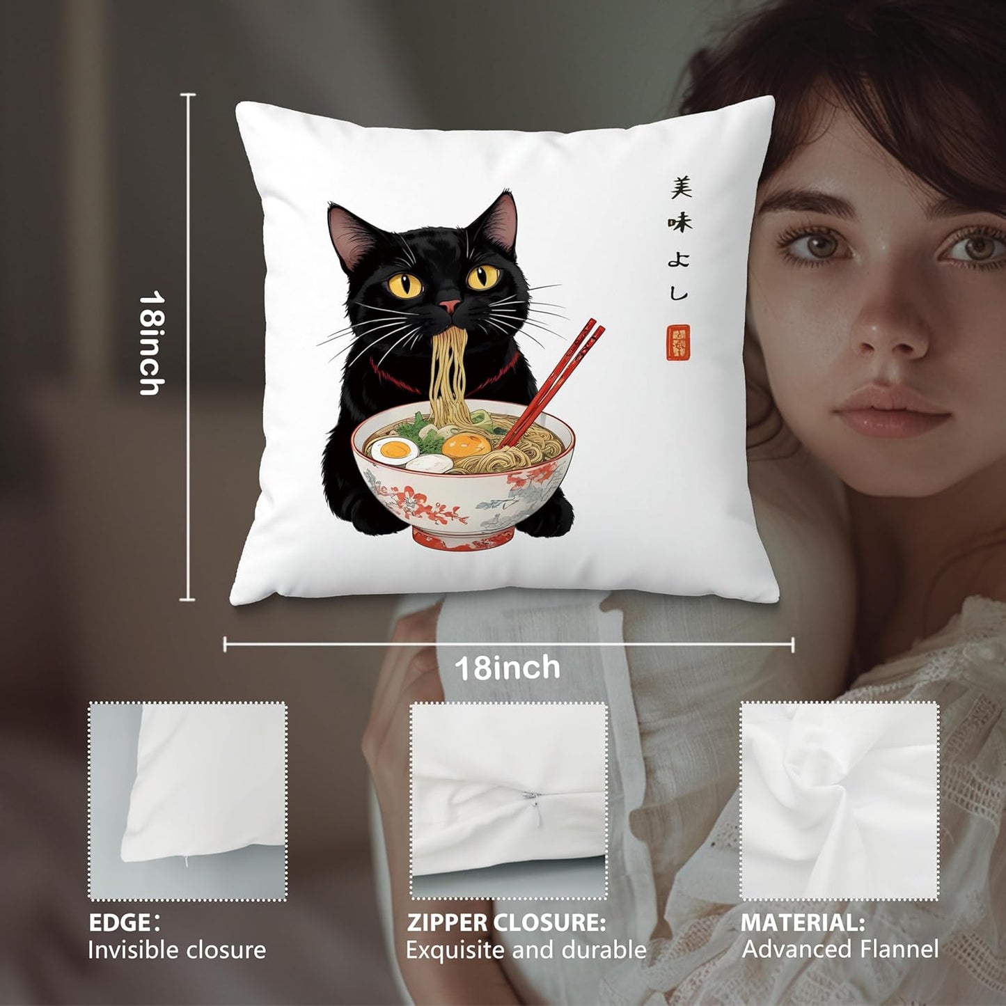 Funny Anime Vintage Black Cat Japanese Ramen Noodles Pillow Covers 18x18, Aesthetic Black Cat Art Painting Decor Pillow Covers for Room Bedroom