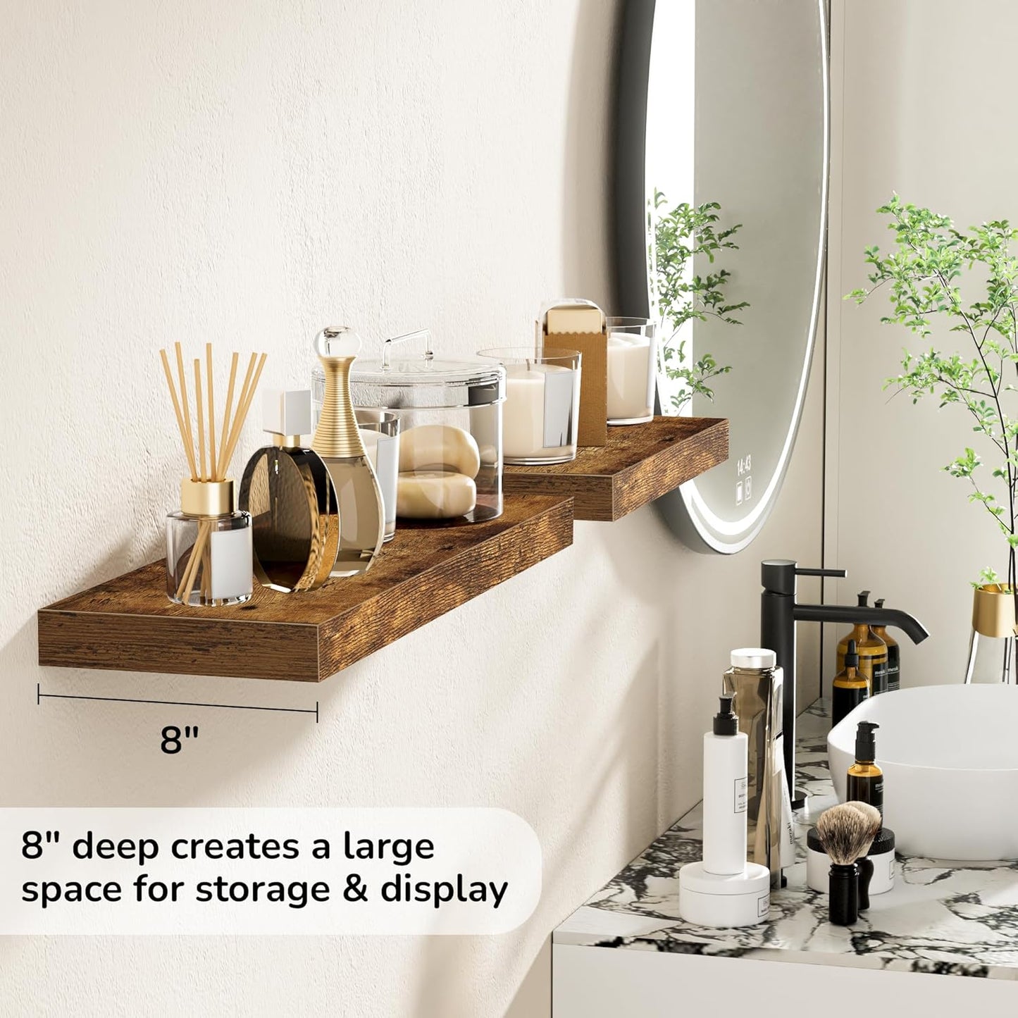 Fun Memories 24 Inch Floating Shelves - Deep Rustic Wooden Wall Shelves - Extra Deeper & Thicker Wall Mounted Storage Shelf for Bedroom, Kitchen, Farmhouse - 2 Pack, Rustic Brown