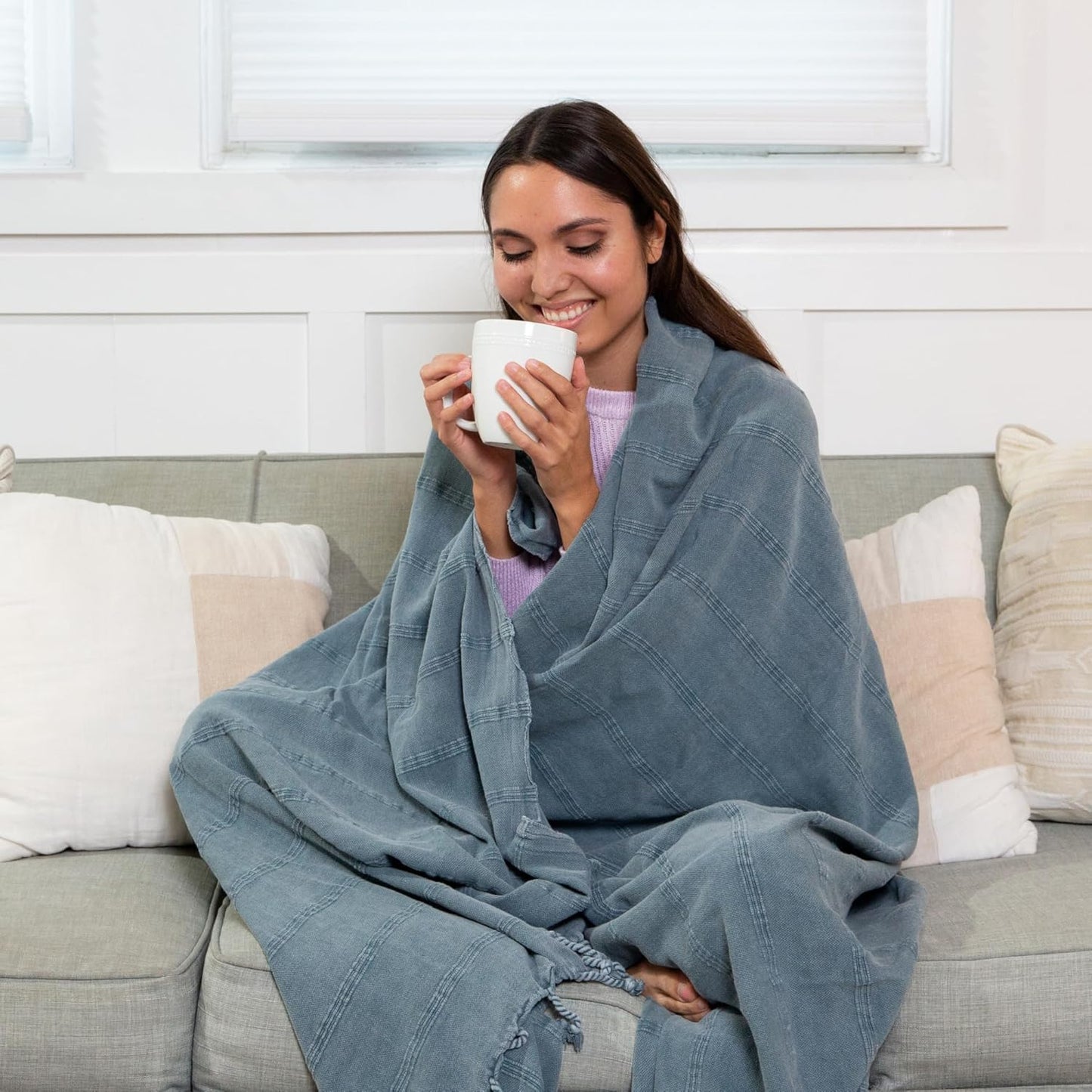 InfuseZen Large Stonewashed Turkish Throw Blanket - 100% Organic Turkish Cotton - 92" x 69" - Soft, Lightweight, Cozy - Love Seat, Sofa, Bed, Picnic, Yoga - Sand Free Beach Blanket - Denim