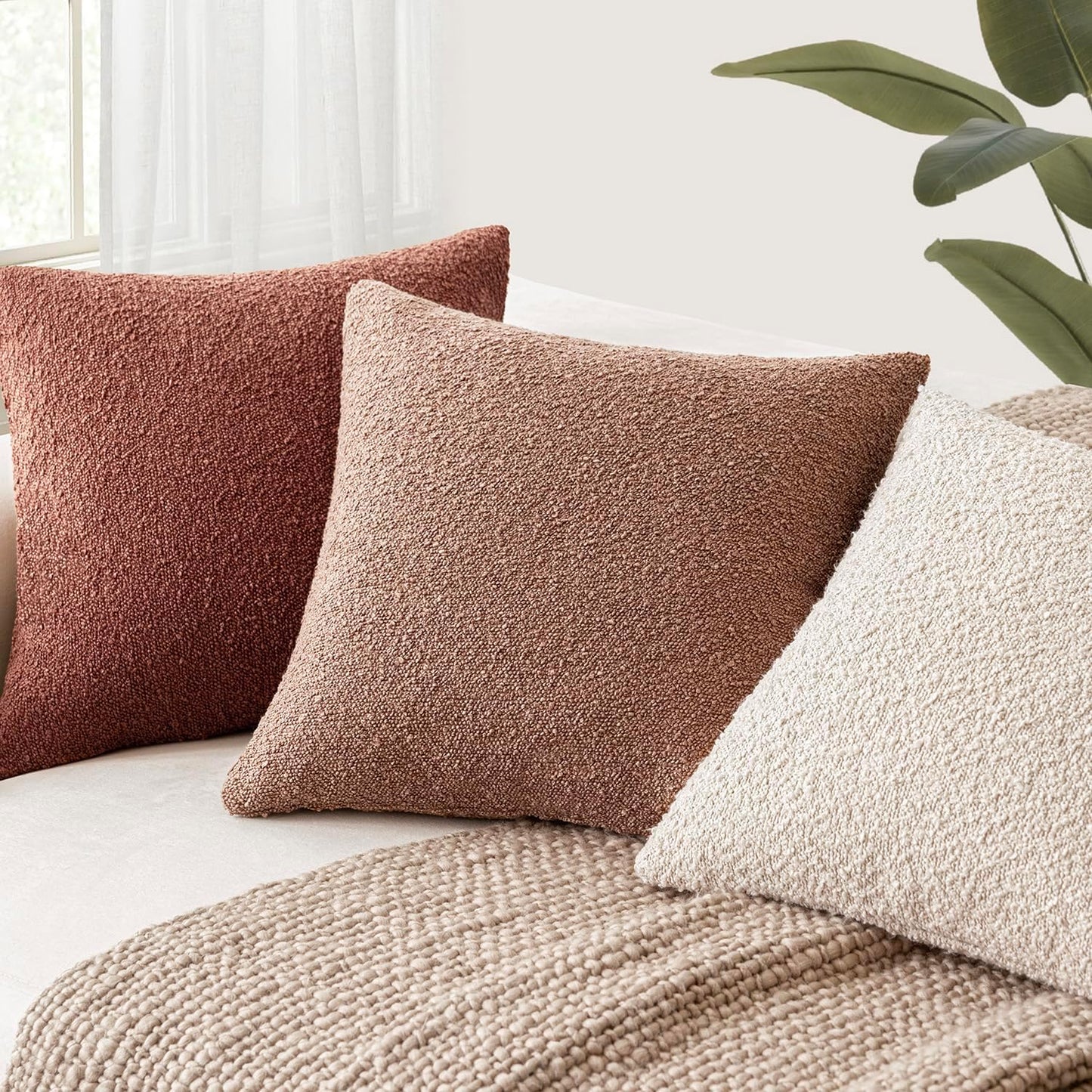 Foindtower Decorative Textured Boucle Throw Pillow Covers Accent Solid Pillow Cases Neutral Soft Cozy Couch Cushion Case for Chair Sofa Bedroom Living Room Home Decor 16x16 Inch,1PC,Orange Rust Red