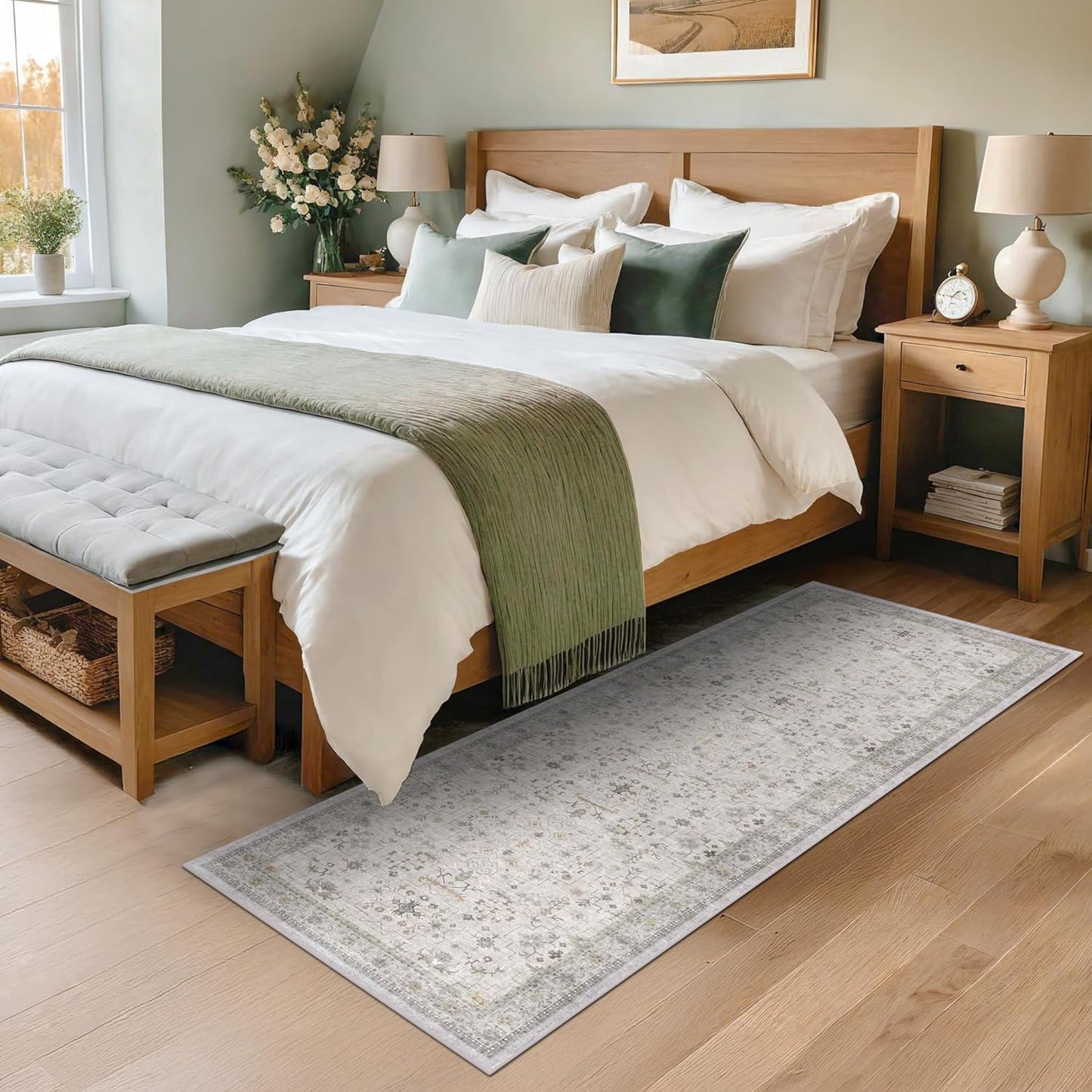 Light Grey 2x7 Boho Bathroom Runner Rug - Modern Vintage Eclectic Floral Pastel Neutral Taupe, Washable Low Pile Non-Slip Runner Rugs for Hallway, Kitchen, Door Mat Indoor Entrance, Bedroom Beside Bed