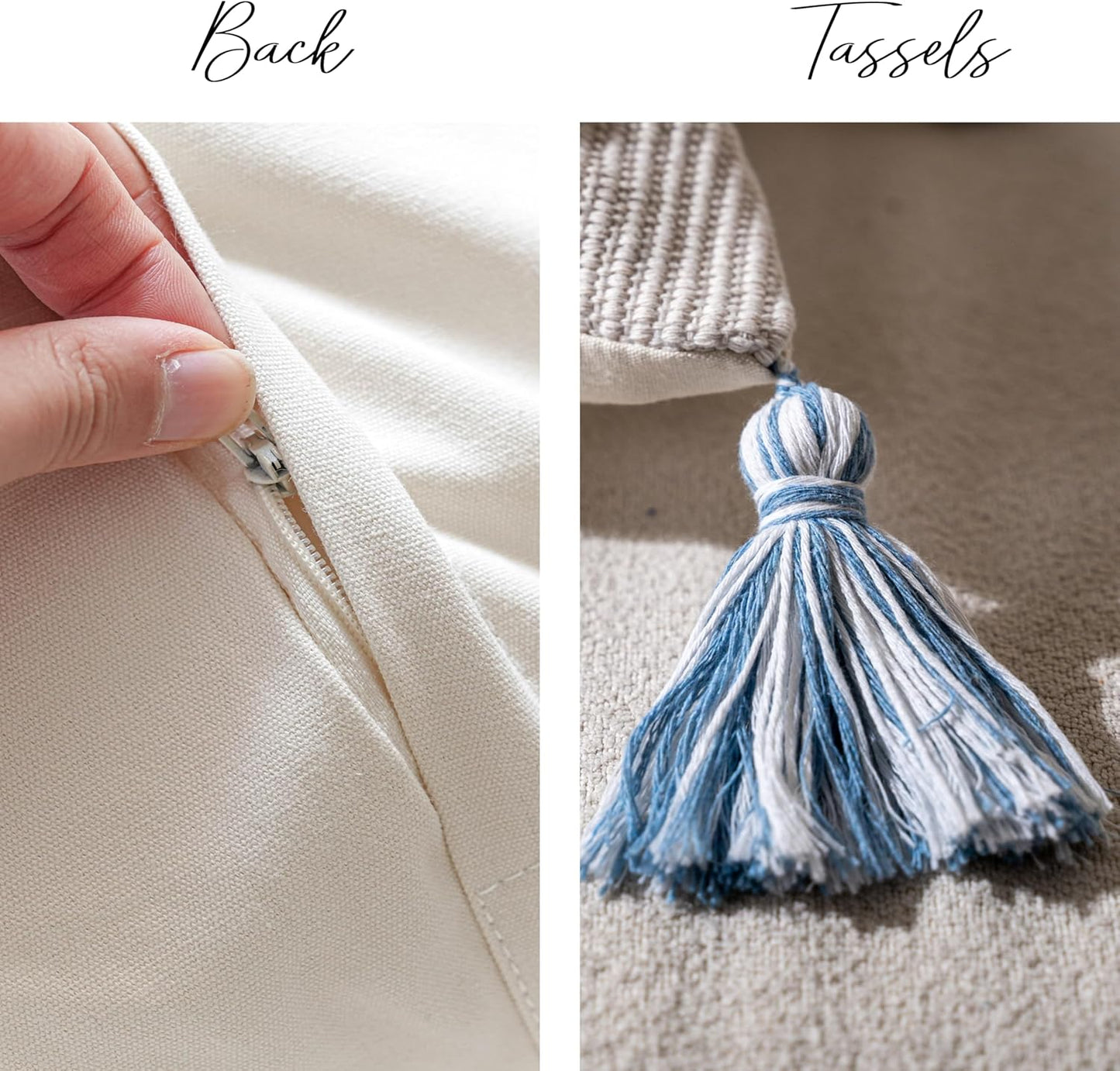 BlissBlush Blue Decorative Lumbar Throw Pillow Cover 14x36 Boho Long Cushion for Bed Neutral White Accent Farmhouse Pillowcase for Bedroom Living Room Couch Sofa Home Décor (Cover ONLY, Pack of 1)