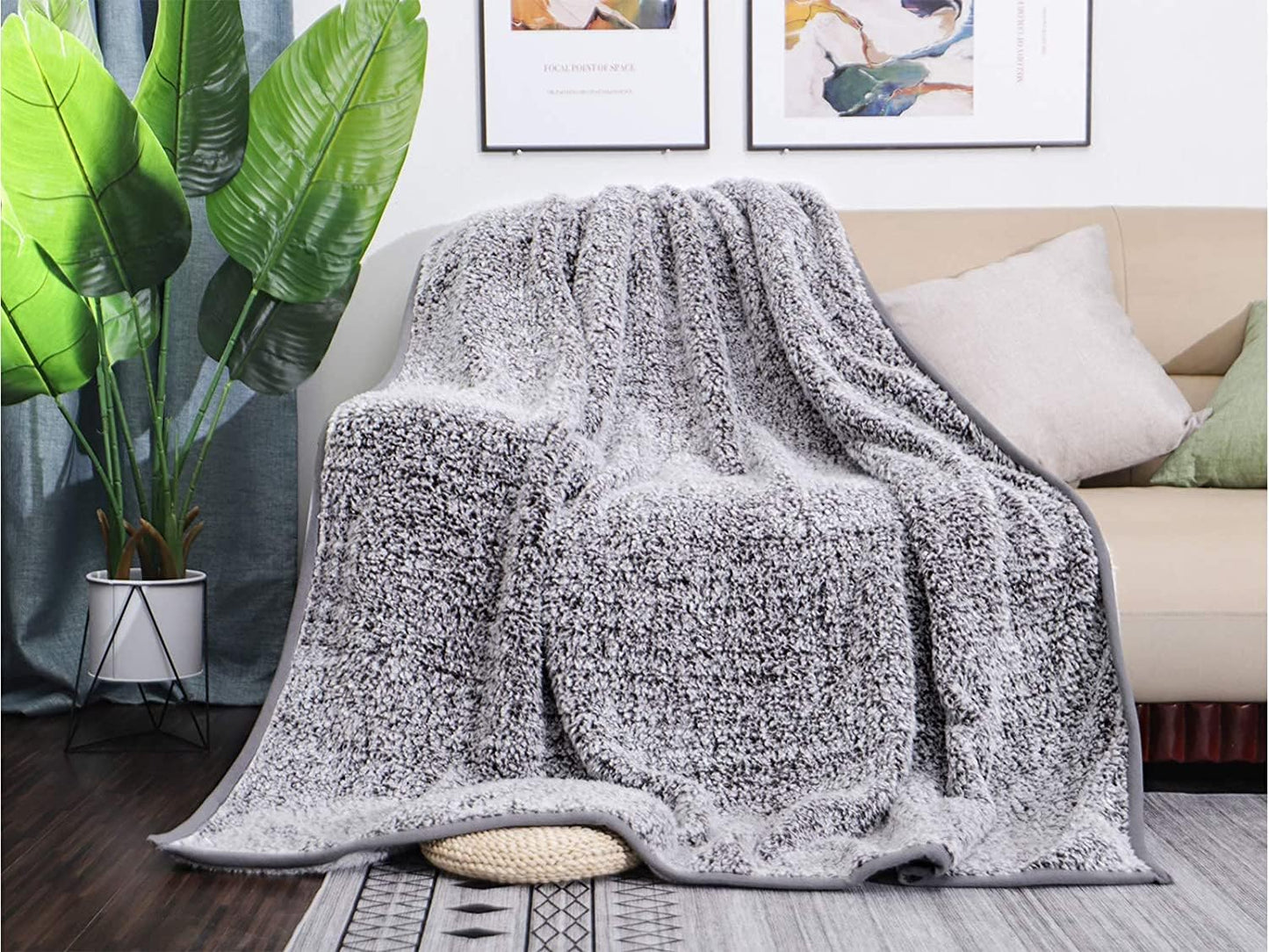 EMME Soft Sherpa Fleece Blanket Reversible Plush Fluffy Large Blanket, Light Weight Warm Decorative Boho Blanket Cover for Sofa, Couch, Bedroom,Travel(Plush Grey,60"x80")