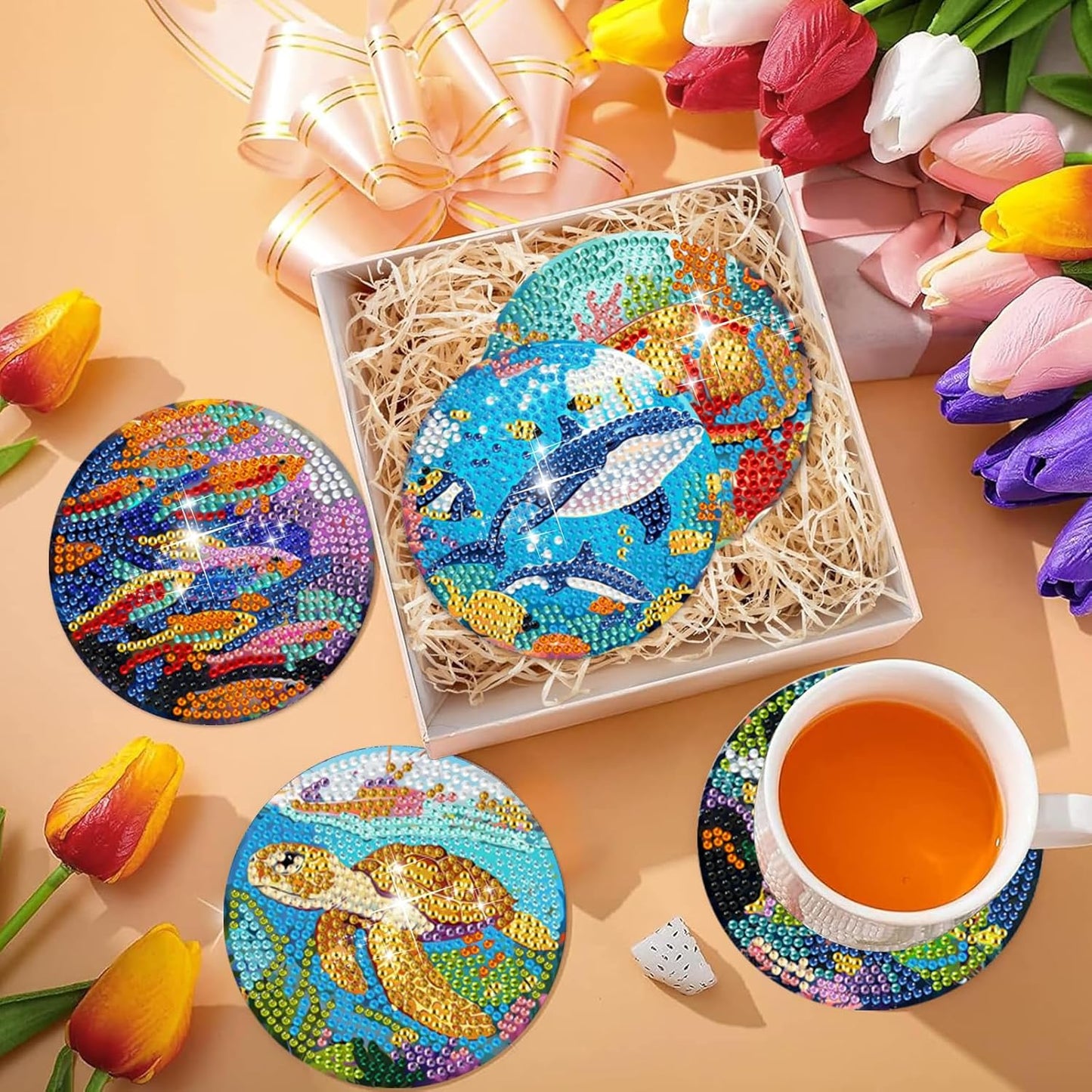 EWJRNSF 6 PCS Small Diamond Art Coasters Kits, Diamond Painting Coasters, Fall Diamond Art Kits for Adults Beginners, Arts and Crafts Item Sets with Holder for Drinks. Ocean