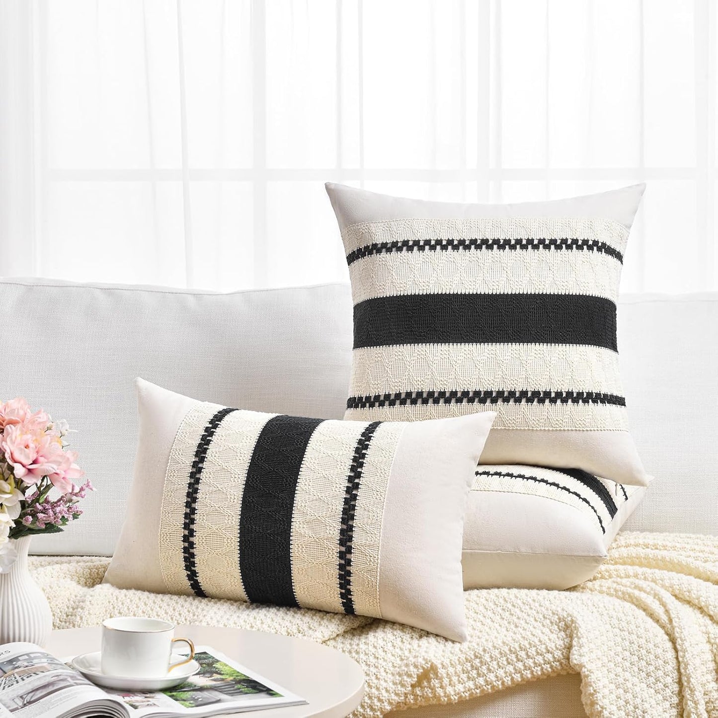 Fancy Homi Set of 2 Boho Black Big Decorative Throw Pillow Cover 24x24 Inch for Couch Bed Bedroom, Aesthetic Modern Organic Farmhouse Room Decor, Soft Cotton Accent Macrame Woven Cushion Case