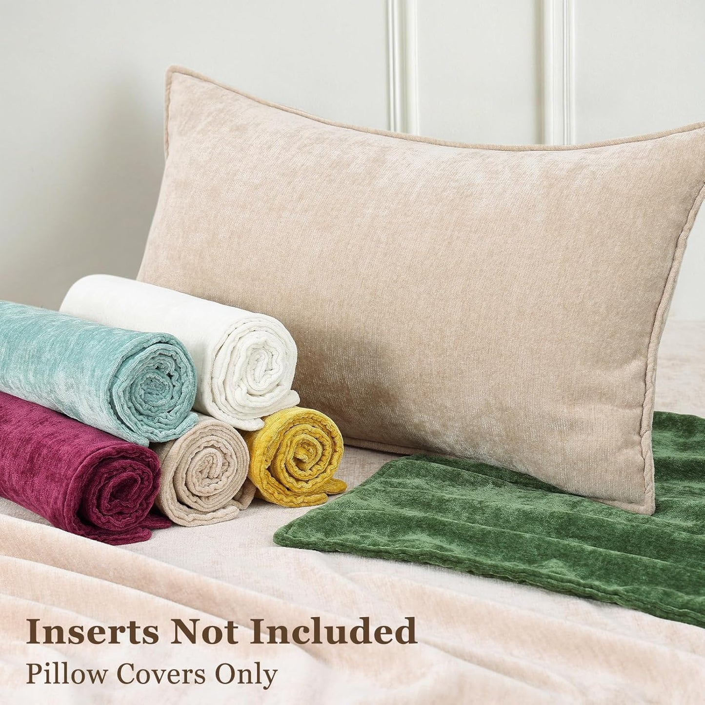 decorUhome Couch Throw Pillow Covers 16x16 Set of 2, Decorative Soft Euro Neutral Chenille Pillow Covers with Elegant Design for Sofa Bed Living Room Home Decor, Beige