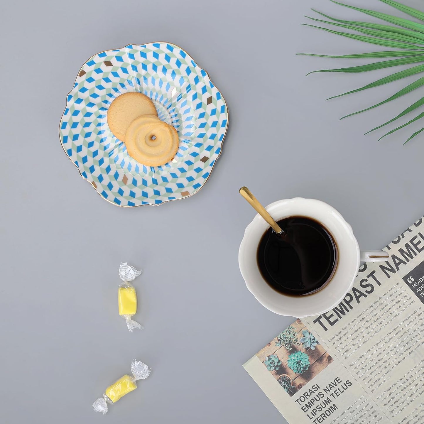 fanquare 6 oz Modern Tea Cup and Saucer Set with Spoon, Blue and White Geometric Pattern Porcelain Coffee Cup, Classic Teacup for Women Tea Party