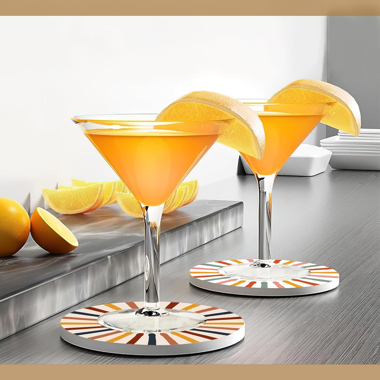 Drink Coasters with Holder,6 Pcs Boho Minimalist Sun Moon Design, Water-Absorbent Beverage Pads for Dining Table Decor & Glass Protection