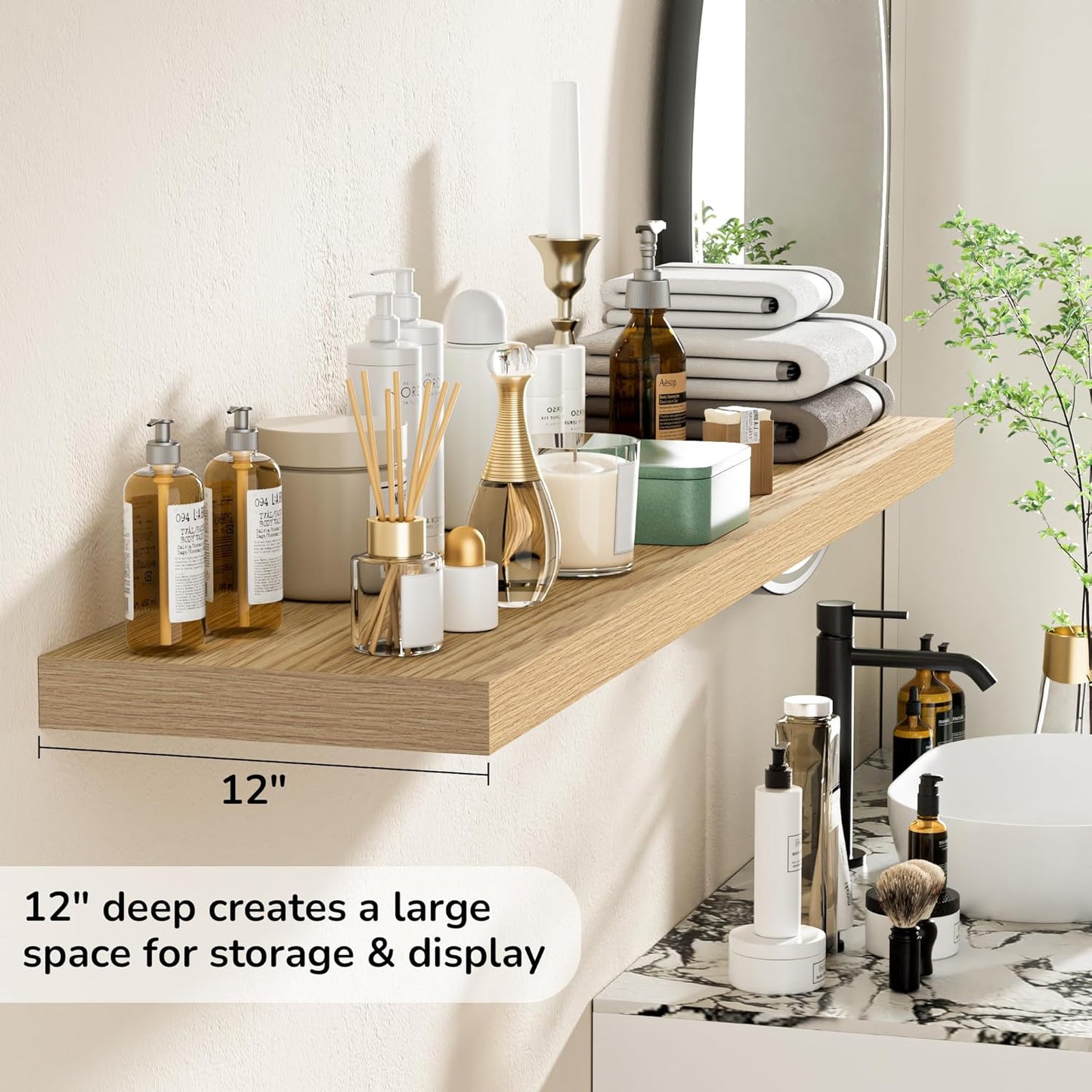 Fun Memories Floating Shelves - 12 Inch Rustic Wooden Wall Shelves - Extra Deeper & Thicker Wall Mounted Storage Shelf for Living Room, Kitchen, Farmhouse - 55" W x 12" D x 1.8" H - Oak