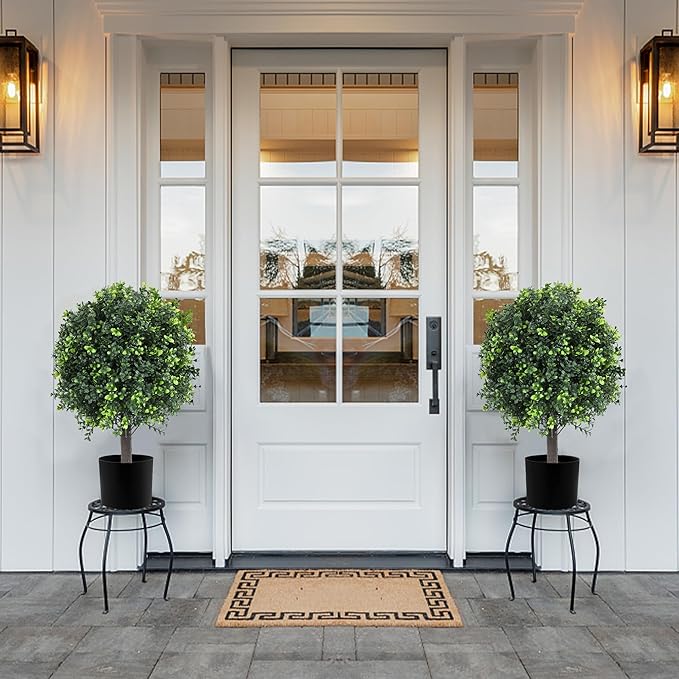 27.2" Artificial Boxwood Topiary Set of 2 with Spike, Fake Plants Boxwood Balls Greenery Bushes, Uv Resistant Artificial Outdoor Plants Shrubs for Front Porch Decor, Home Faux Plants Indoor