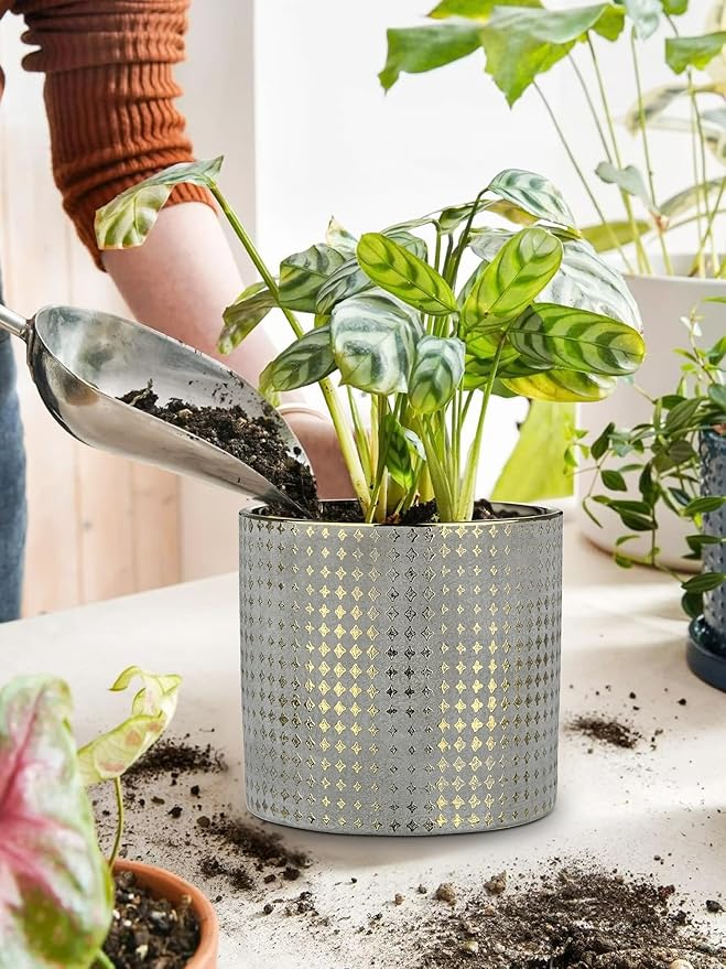 Grey Ceramic Plants Pot 5.3 + 6.4 Inch Gold Square Pots Set of 2 for for Indoor Outdoor Succulent Plants or Flowers Gold and Grey