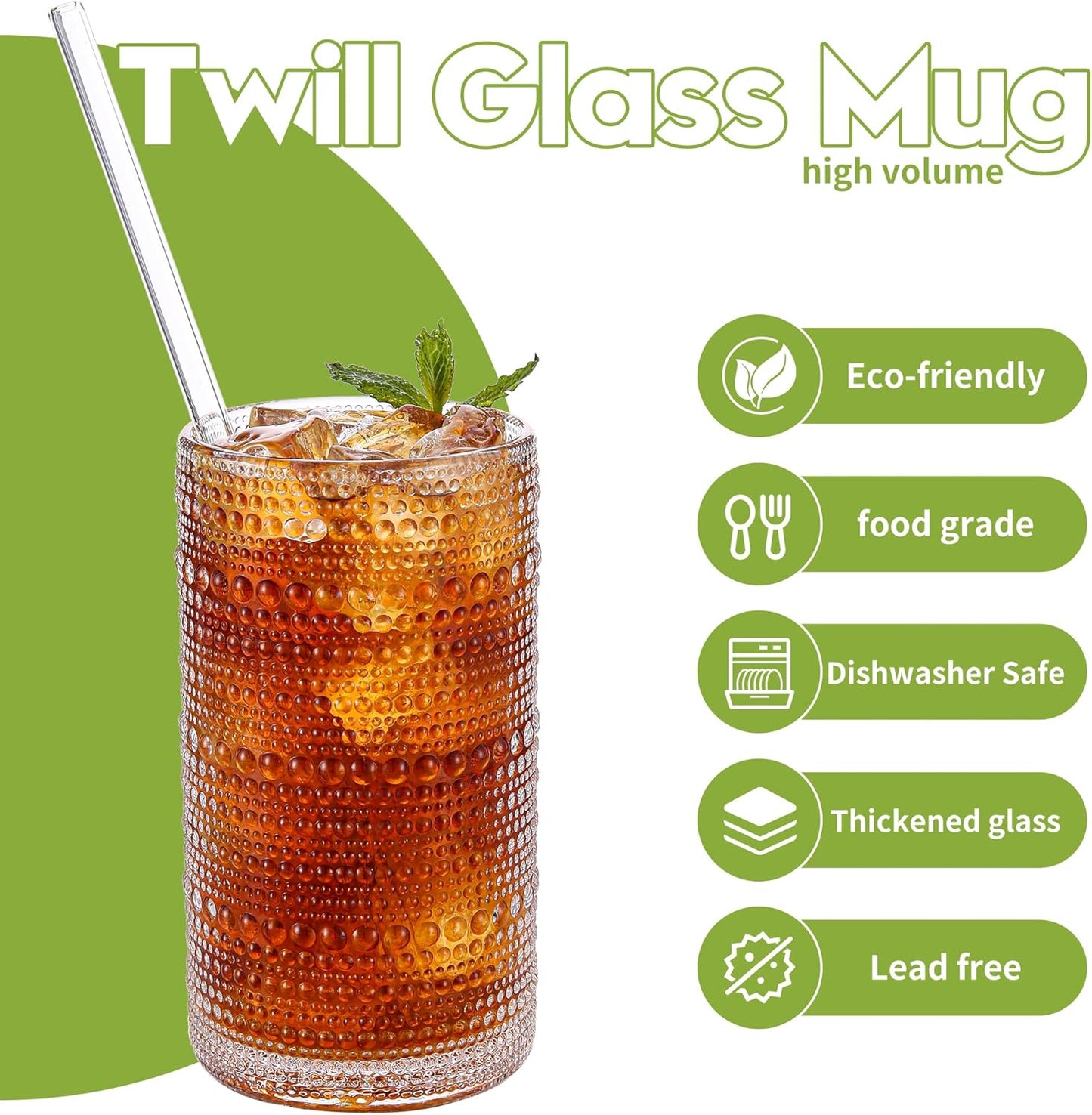 Large Vintage Hobnail Drinking Glasses Set of 6, 16oz Clear Highball Glasses Cups, Kitchen Water Glasses Cup, for Cocktail, Juice, Whiskey, Milk and Various Mixed Drinks