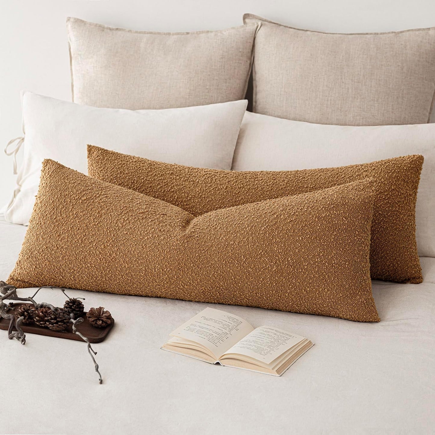 Foindtower Decorative Textured Boucle Throw Pillow Covers Accent Solid Pillow Cases Neutral Long Body Lumbar Couch Cushion Case for Chair Sofa Bedroom Living Room Home Decor 14x36 Inch,1PC,Tobacco