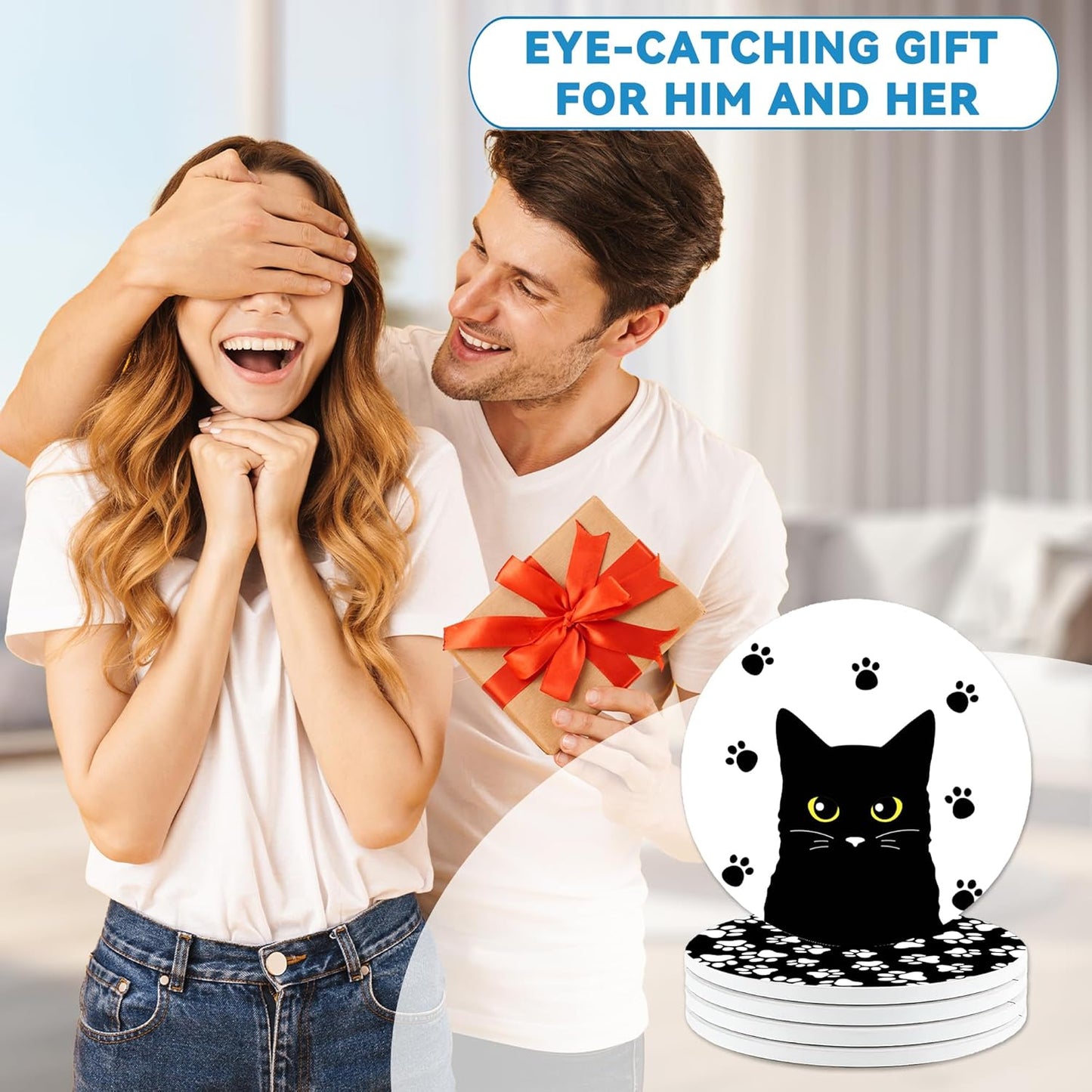 Drinks Coasters Set of 4, Black Cat Round 4" Cup Coasters, Absorbent Ceramic Stone Coasters with Cork Base, Cute Coasters for Table Home Décor, Ideal Gifts for Women Men