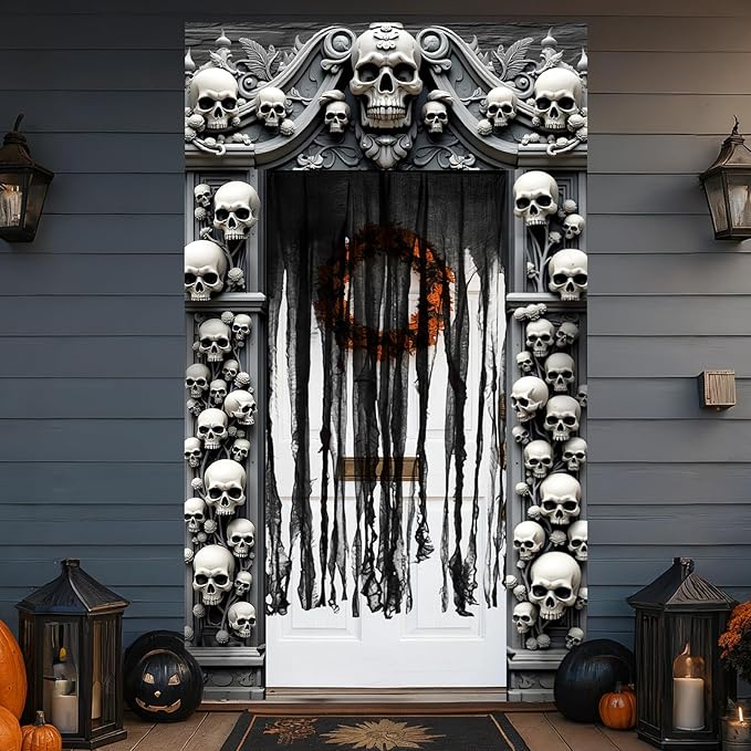 4 Pcs Halloween Cemetery Archway Door Cover Decoration Kit- Large Skeleton Front Door Banner Scary Gauze Cover for Indoor Outdoor Archway Garage Haunted House Party Trunk or Treat Car Decor