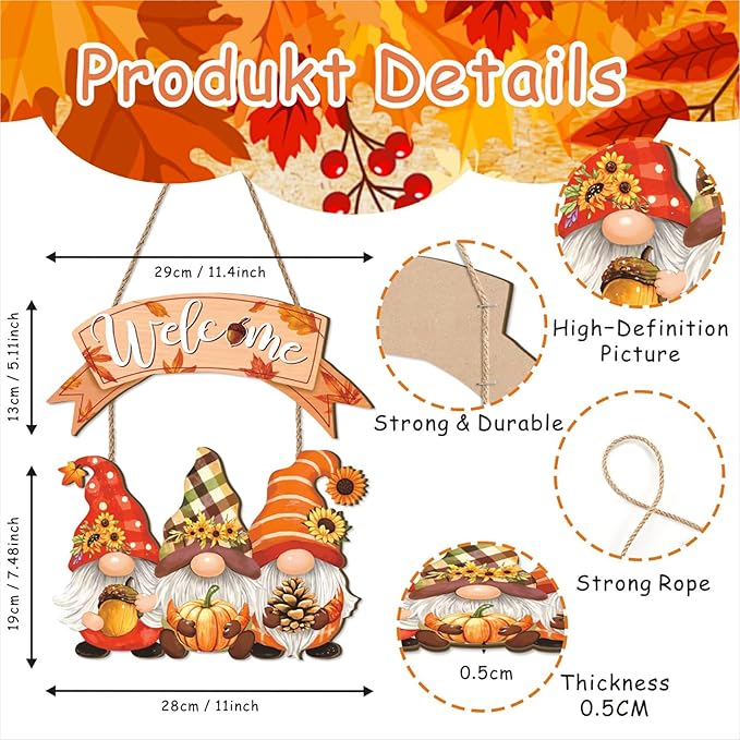 Fall Welcome Door Sign,Autumn Gnome Welcome Sign,Fall Gnome Sign,Thanksgiving Wooden Front Door Sign,Fall Pumpkin Wall Plaque,Rustic Sunflower Wall Sign for Farmhouse Porch Outdoor Home Garden