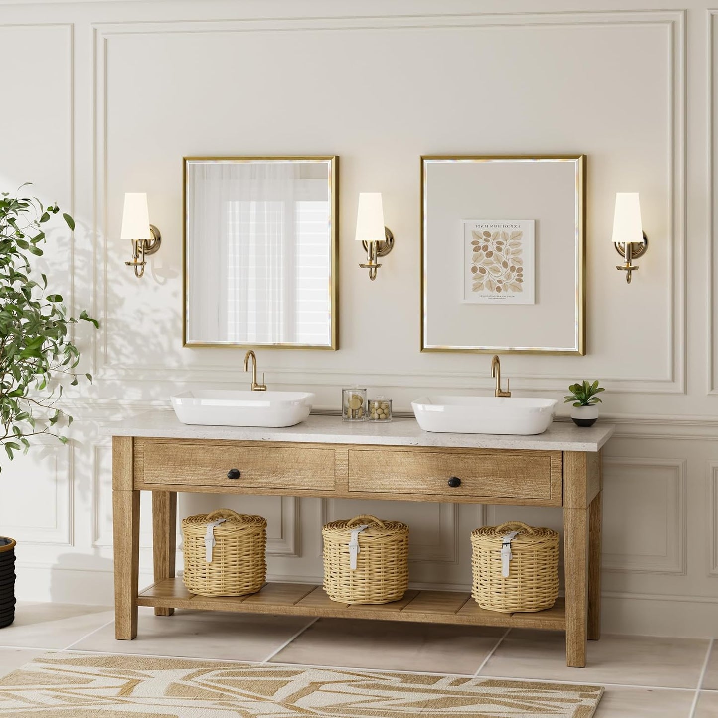 Gold Bathroom Mirror, 30x36 Brushed Gold Bathroom Mirror Beveled Edge, Gold Framed Rectangle Bathroom Vanity Mirror, Anti-Rust Brushed Brass Metal Frame Wall Mirror Vertical/Horizontal