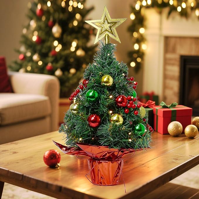 Tabletop Christmas Tree with LED String Lights,22In Pre-Decorated Mini Artificial Christmas Tree for Desktop,Star Treetop and Colored Oranments for Home Indoor Holiday Christmas Decoration-Yellow