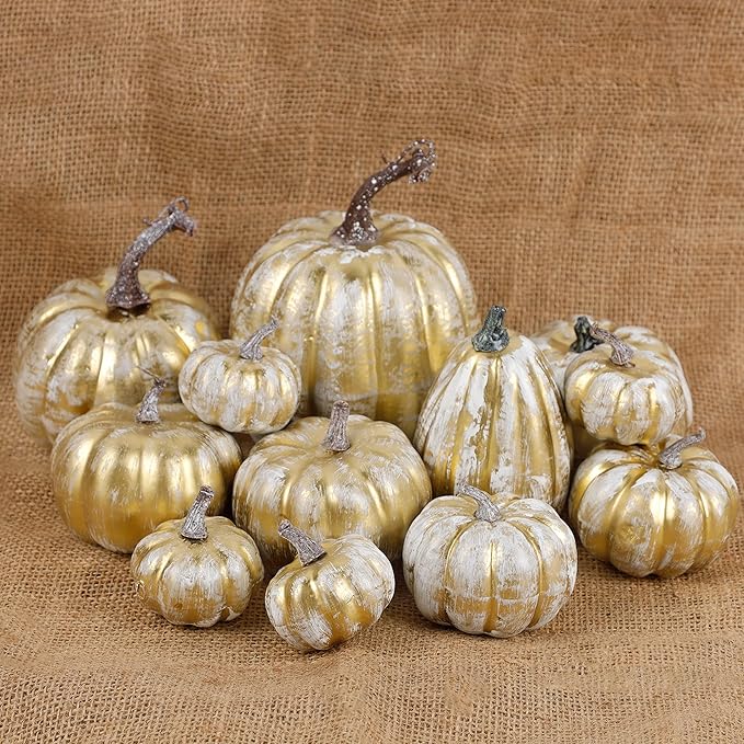 winemana 12 Pcs Thanksgiving Pumpkin Decorations, Assorted Sizes Artificial Foam Golden Pumpkins Fall Autumn Decor for Harvest Table Home Indoor Outdoor