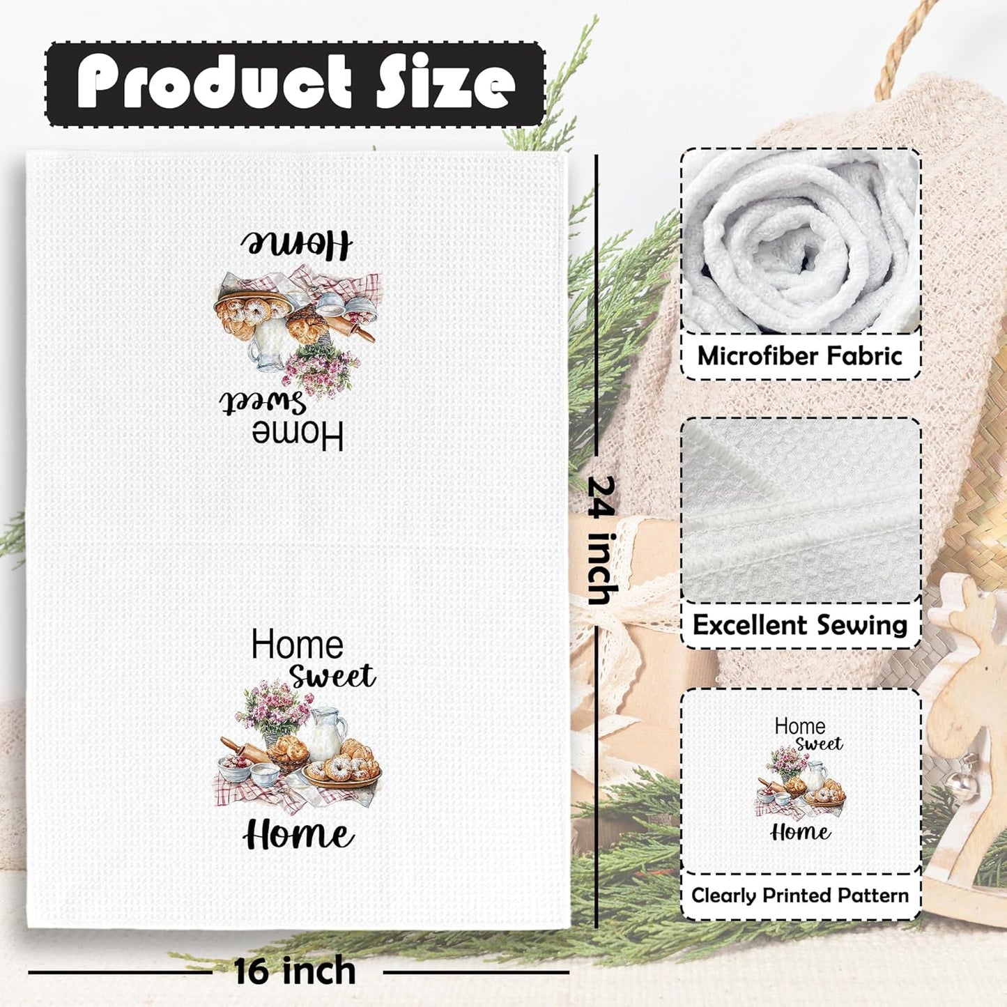 Home Sweet Home Kitchen Towels - Bread Floral Dish Towels, Gifts for Chef, Farmhouse Plaid Decorative Absorbent Dishcloths Hand Towels Set of 2 for Kitchen Cooking Baking Decor 16x24 Inches