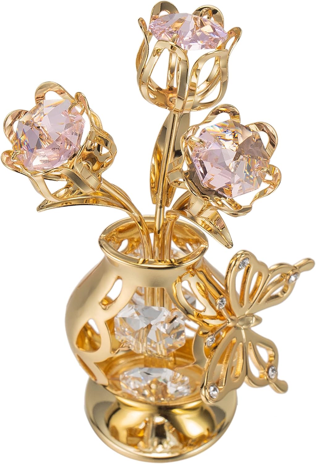 Matashi 24K Gold Plated Crystal Studded Flower Ornament in a Vase w/Decorative Butterfly (Pink Crystals) – Elegant Tabletop Showpiece, Home Decor Gift for Her, Mom, Grandma – Mothers Day, Christmas