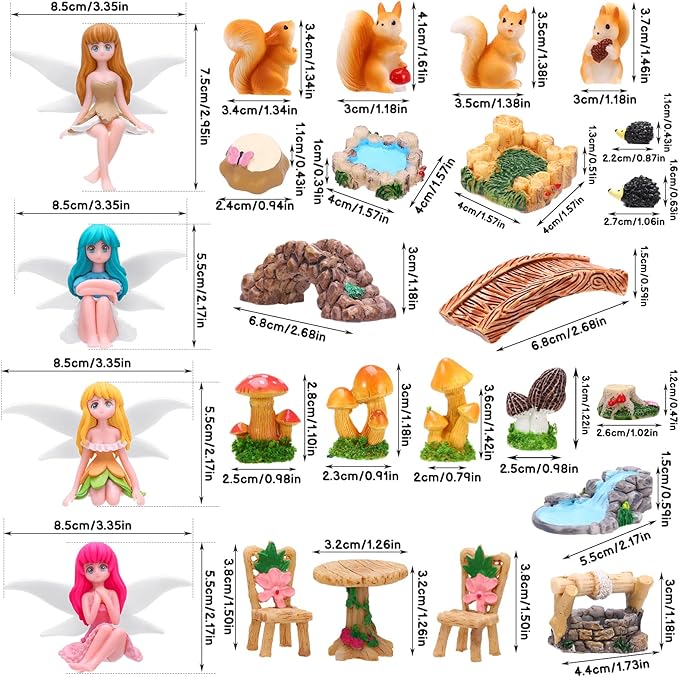 25Pcs Fairy Garden Accessories, Miniature Garden Ornaments Landscape Decorations Mini Fairy Figures Animal Plant Furniture Set for DIY Terrarium Potted Plants Dollhouse Desk Decor