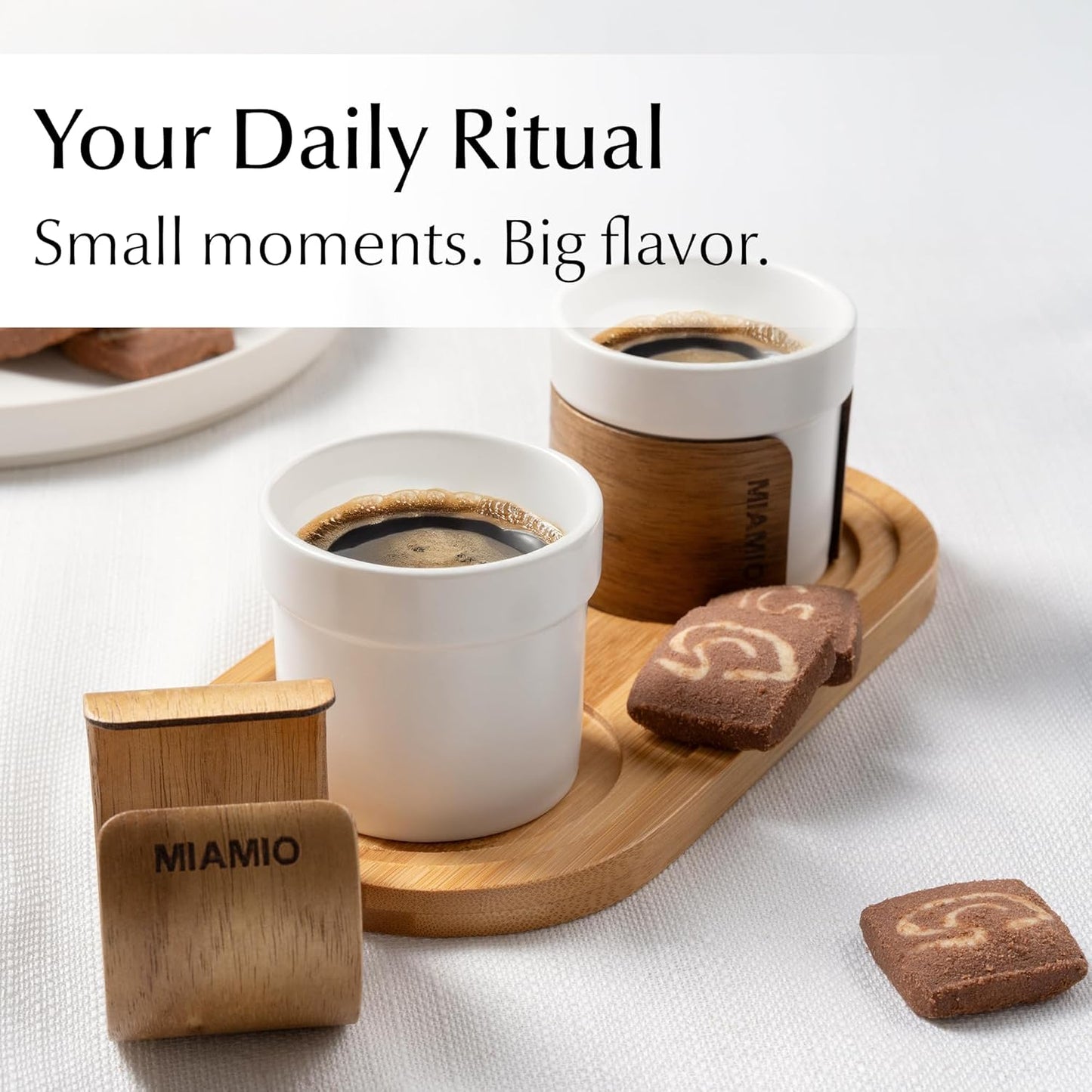 MIAMIO β Espresso Cups Set of 4 (3.5 oz) Japanese Tea Cups Ceramic/Handleless Mug with removable Wooden Cuff/Coffee Cups without Handle (White)