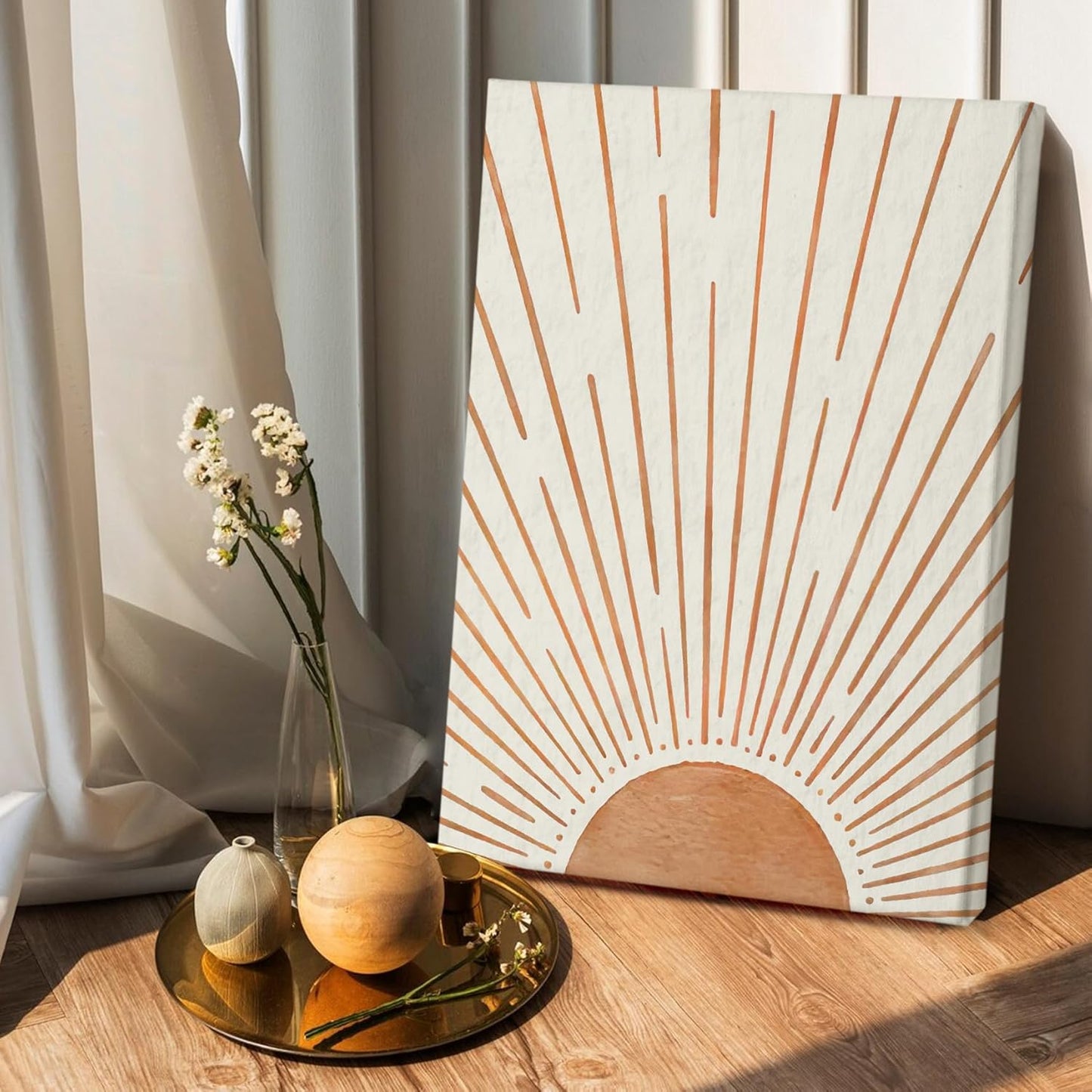 HIWX Vintage Abstract Boho Sun Framed Canvas Painting Wall Art Decor, Bohemia Boho Sunrise Sunshine Wall Art Artwork Home Decoration For Living Room Yoga Bedroom Bathroom 16x24 Inch