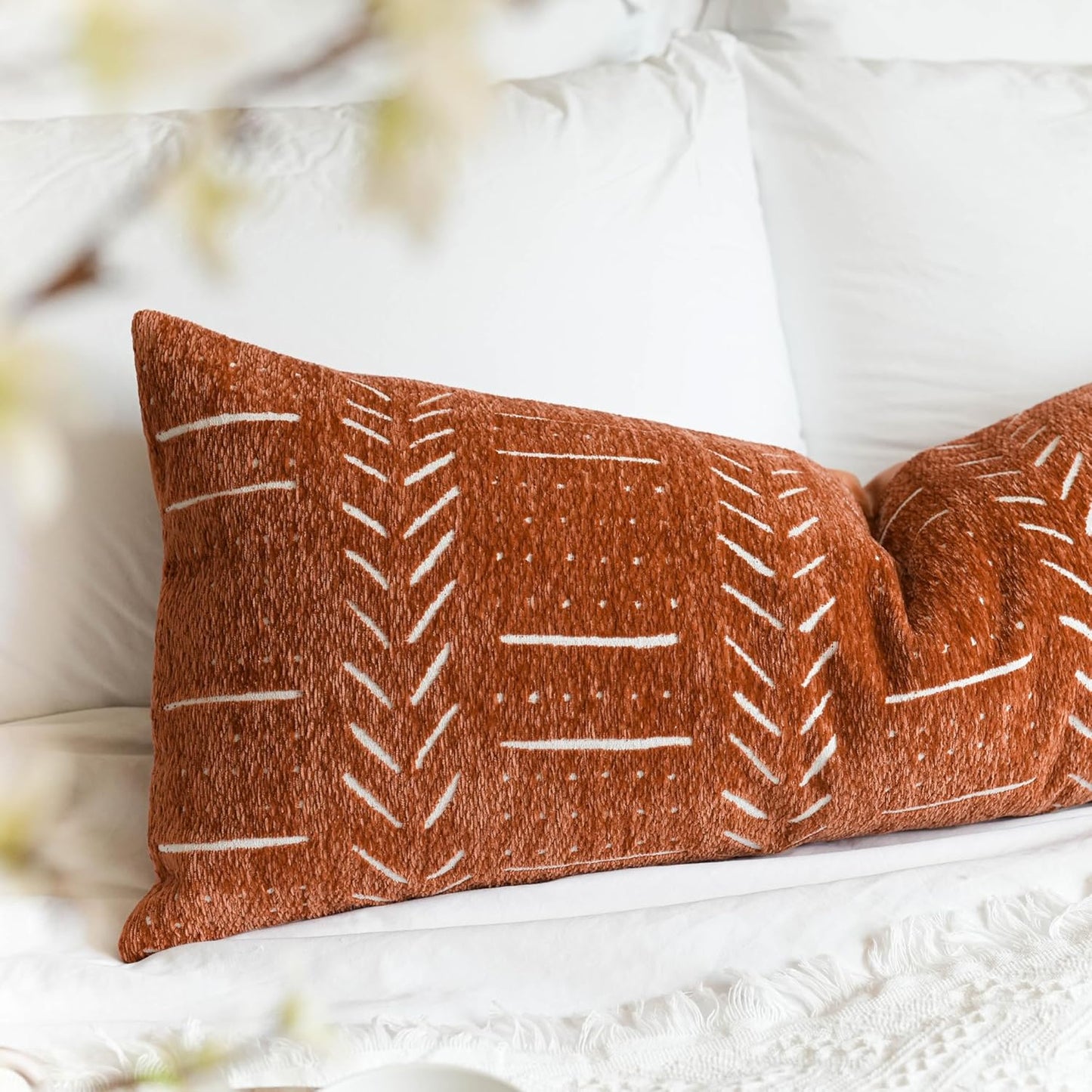 BlissBlush Fall Brick Red Boho Lumbar Throw Pillow Cover 14X36, Decorative Long Accent Body Lumbar Pillow for Bed, Farmhouse Woven Soft Chenille Textured Lumbar Pillowcase for Couch (Cover ONLY)