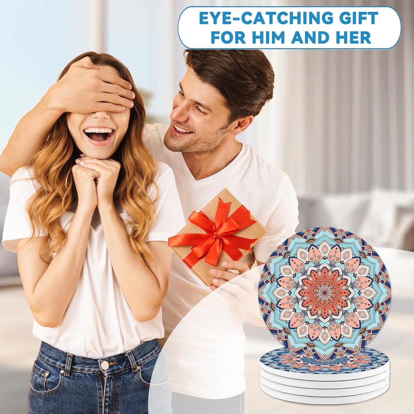 Coasters Set of 4, Mandala Blue Round 4" Ceramic & Cork Coasters, Ideal Home Decor & Gifts