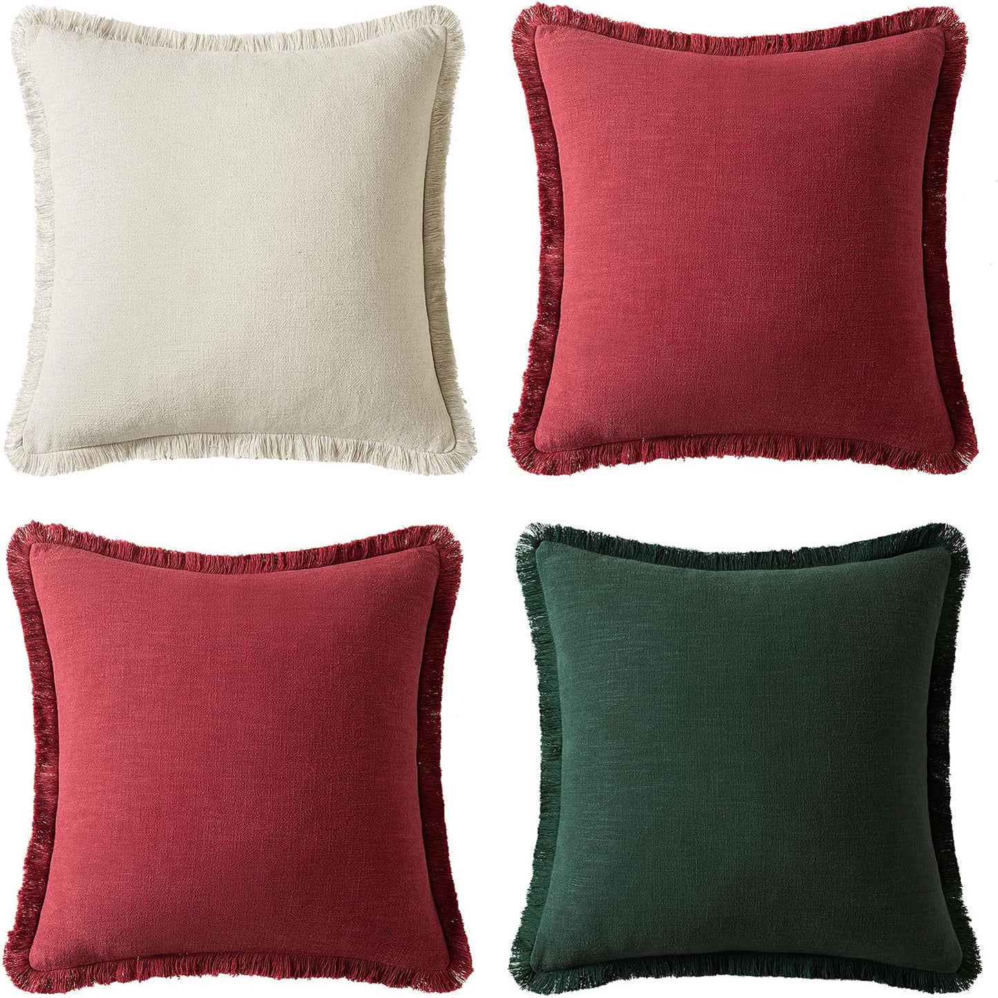 MIULEE Linen Pillow Covers 18x18 Inch Decorative Throw Pillows with Fringe Pack of 4 Soft Farmhouse Boho Couch Pillows Home Decors for Sofa Cushion Living Room Bed Dark Green and Burgundy