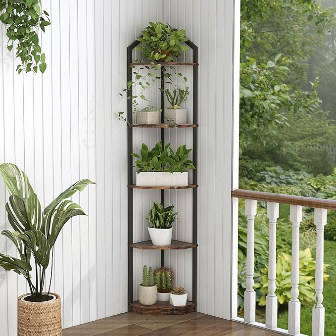 Fun Memories 5 Tier Corner Shelf, 70” Corner Shelf Stand, Corner Bookshelf Plant Stand, Storage Shelf for Bathroom, Living Room, Kitchen,Home Office, Brown