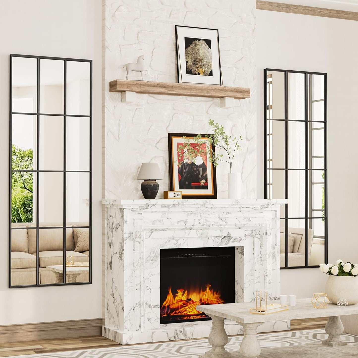 Mirror Full Length, 65"x22" Large Rectangular Mirrors, Black Window Pane Wall Body Mirror with Aluminum Frame, Farmhouse Standing Mirrors Hanging or Leaning for Living Room,No Stand