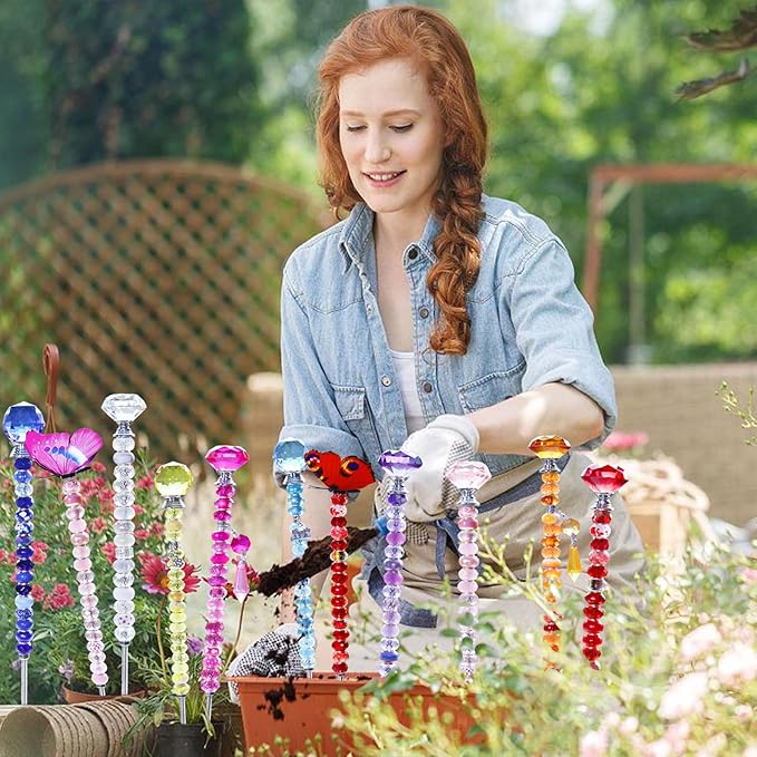 101 PCS Beaded Garden Stakes Kit, DIY Fairy Wand Garden Stake Beads Kits with Purple Large Hole Beads 4 Crystal Stopper Top Threaded Rods and 2 Colored Small Windmills for Outdoor Indoor Decor