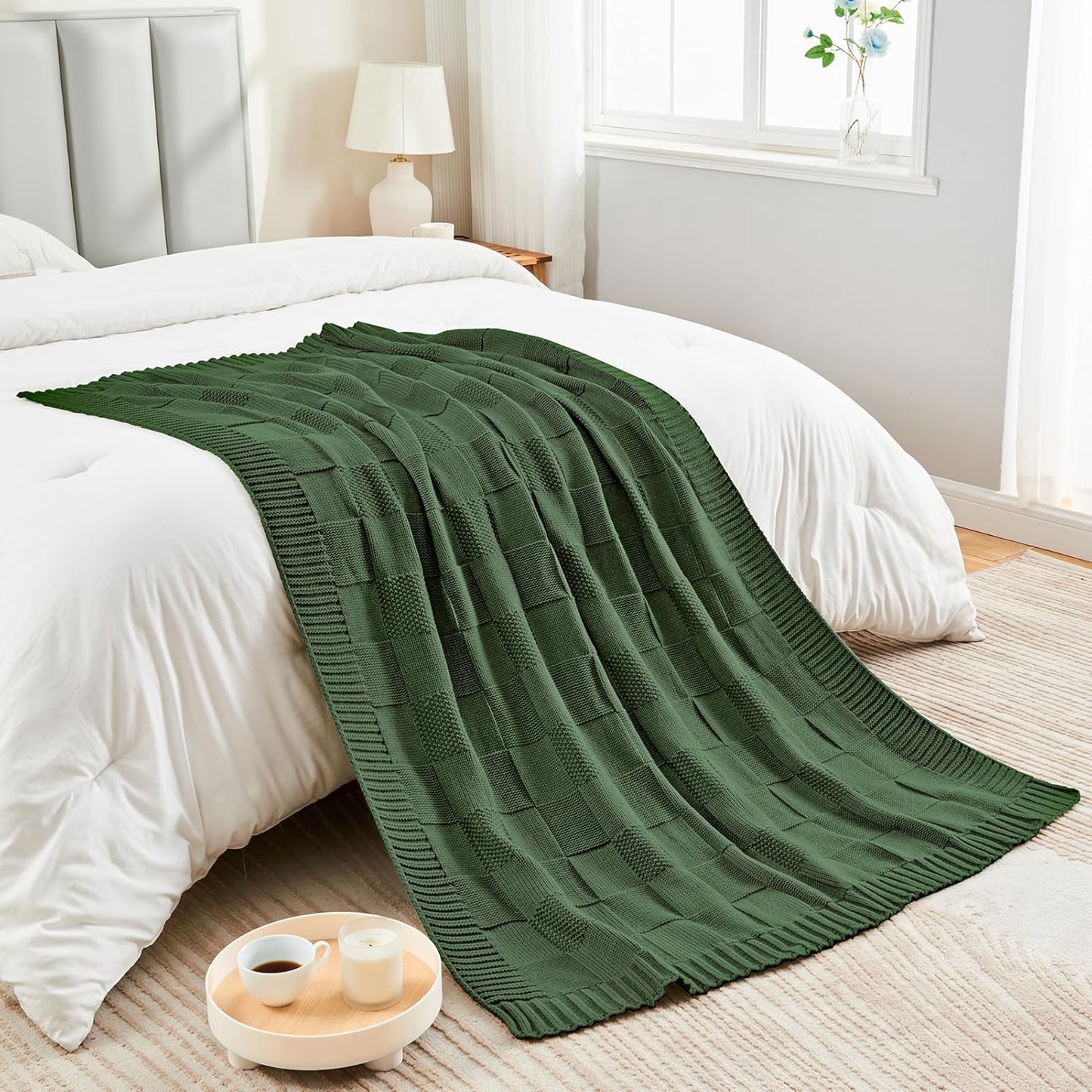 CozeCube Check Knit Throw Blanket,Christmas Green Checkered Bedroom Blanket for Couch, Soft Cozy Warm Knitted Blanket for Bed Sofa Living Room, Decorative Spring Fall Throw Blanket, 60"X80"