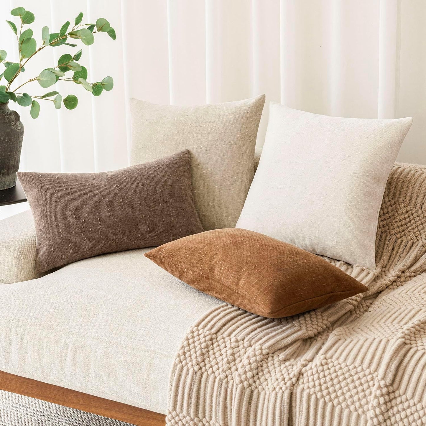 Foindtower Pack of 2 Soft Textured Chenille Throw Decorative Pillow Covers Lumbar Accent Solid Cushion Cover Cozy Neutral Farmhouse Pillow Case for Couch Sofa Bedroom Living Room 12x24 Inch, Beige