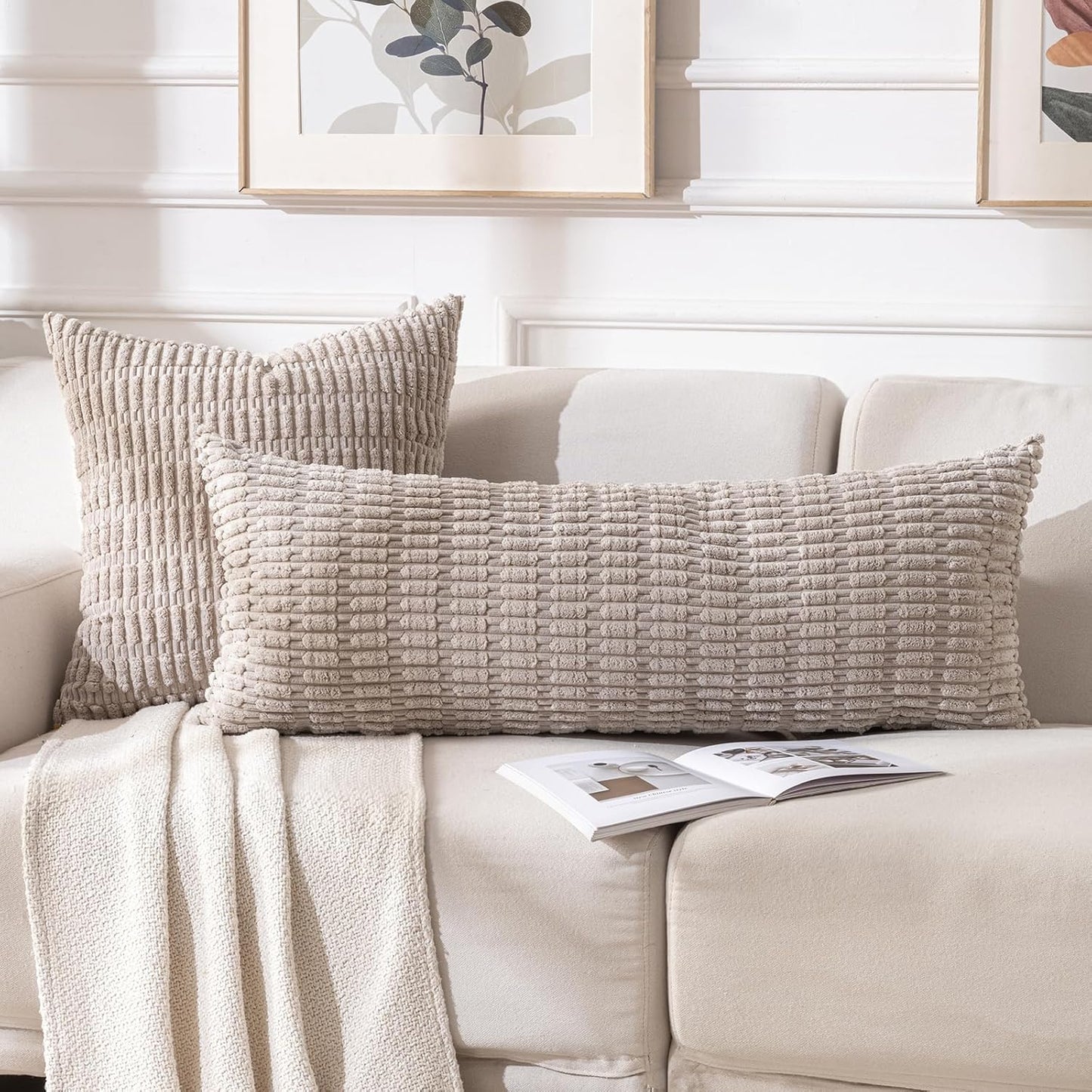 Fancy Homi Taupe Long Lumbar Decorative Throw Pillow Covers 14x36 Inch for Bed Couch Bed Sofa, Rustic Farmhouse Boho Room Decor, Soft Striped Corduroy Rectangle Cushion Case 35x91 cm