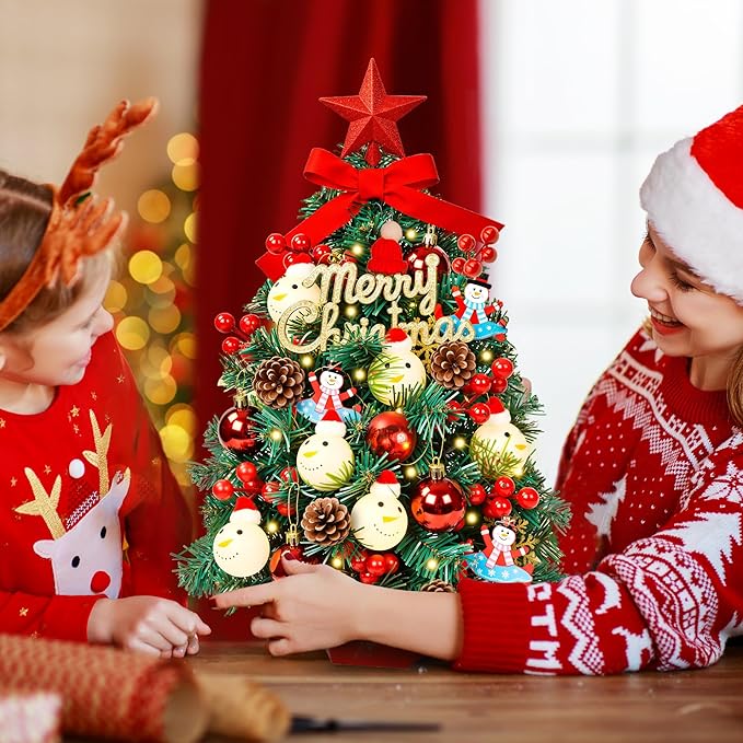 2FT Tabletop Mini Christmas Tree, 24 Inch Small Artificial Christmas Tree with Warm LED Lights, Star Treetop, DIY Ornaments, New Xmas Pine Tree Decoration for Kid Friend Family Holiday Home Office