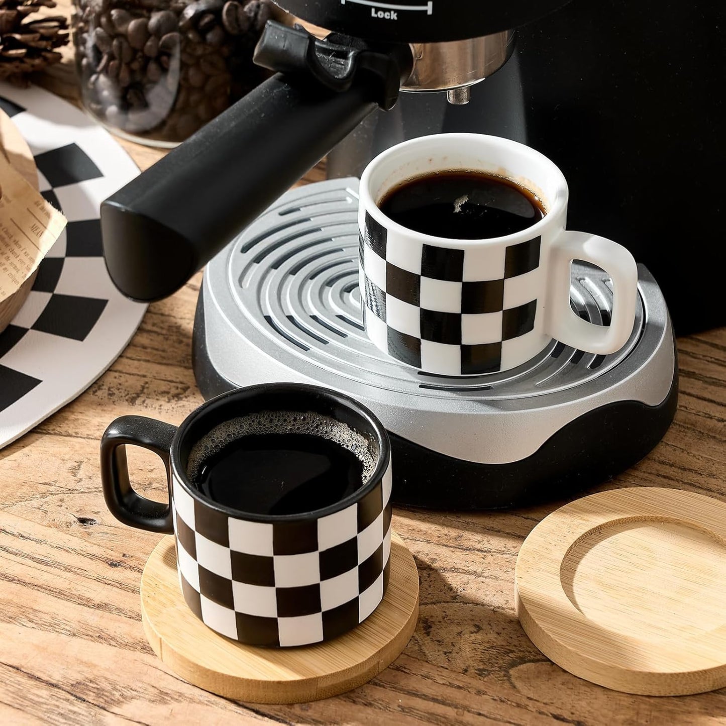 LUKA Ceramic Stackable Black and White Checkered Espresso Cups with Saucers and Metal Stand, 4 Ounce Small Demitasse Cups Set for Coffee Drinks, Latte, Tea - Set of 4