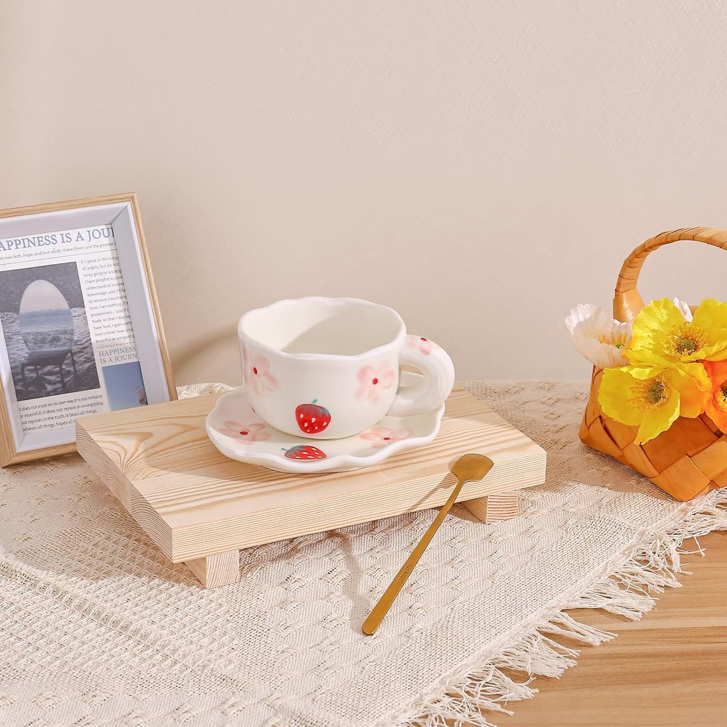 Koythin Ceramic Coffee Mug with Saucer Set, Cute Creative Cup Unique Irregular Saucer Design for Office and Home, 6 oz/180 ml for Latte Tea Milk (Strawberries and Flowers)