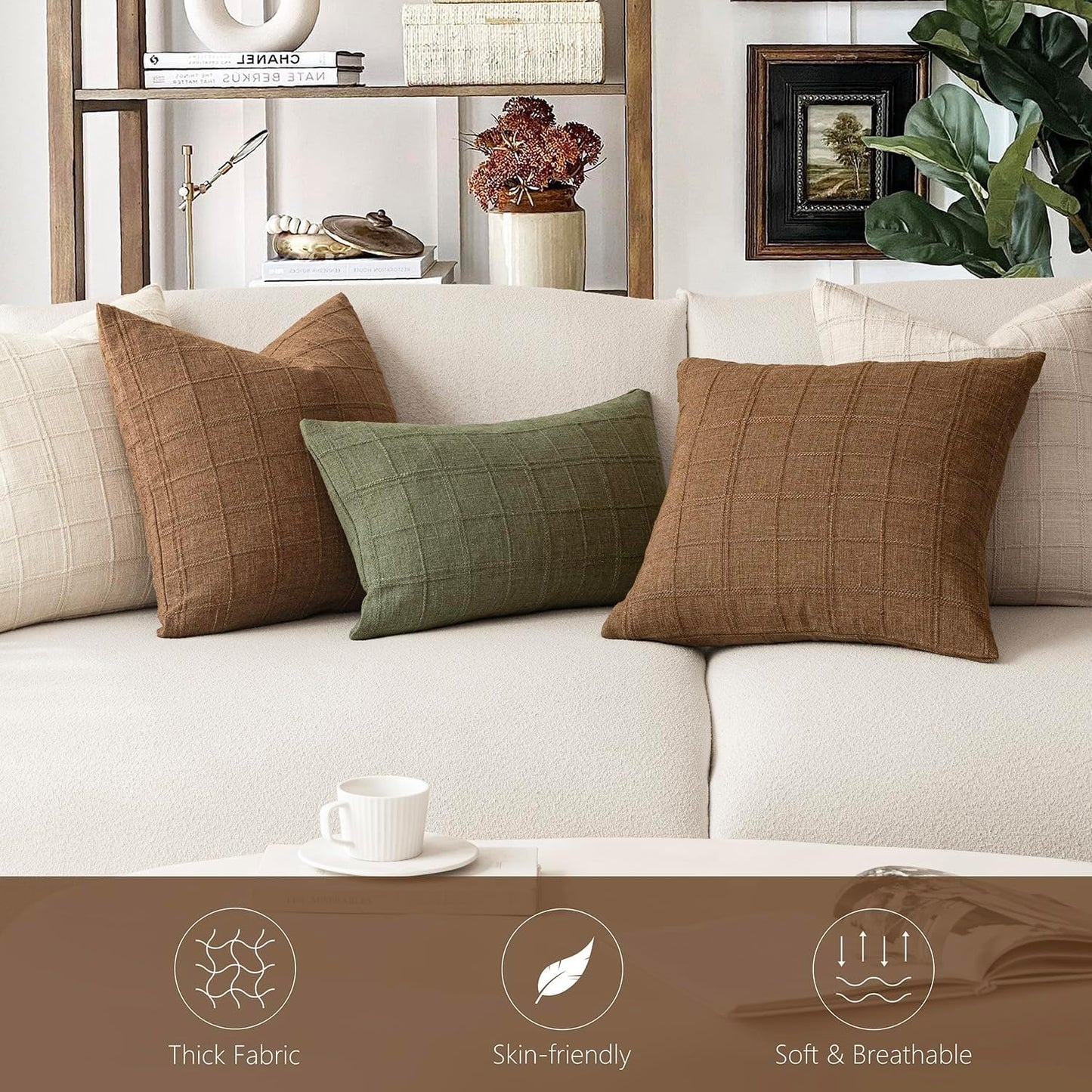 Foindtower Set of 2 Decorative Linen Check Throw Pillow Covers Neutral Farmhouse Vintage Cushion Covers Modern Boho Home Decor for Sofa Chair Couch Bedroom Living Room,26×26 Inch,Brown Hazel