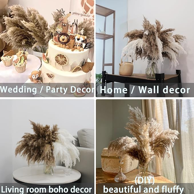 30 Stems Boho Decor - Dried Pampas Grass, Fluffy Brown & White Pampas Grass Fluffy, Dry Short Flowers Small Pampas Bulk for Home Decor, Home Decor, Wedding Decor, Gift(17.7 inch, 15 Brown & 15 White)