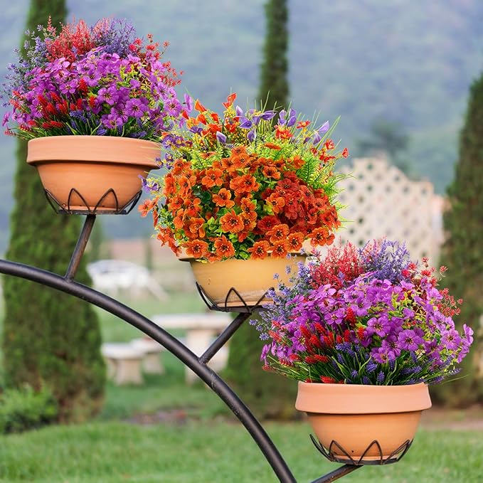 Zeyune 64 Bundles Faux Flowers Outdoors UV Resistant Artificial Plastic Flowers Plants Fake Realistic Eucalyptus Violet Lavender Plant Wildflower Bulk for Outside Yard Home Patio Garden Decor(Vivid)