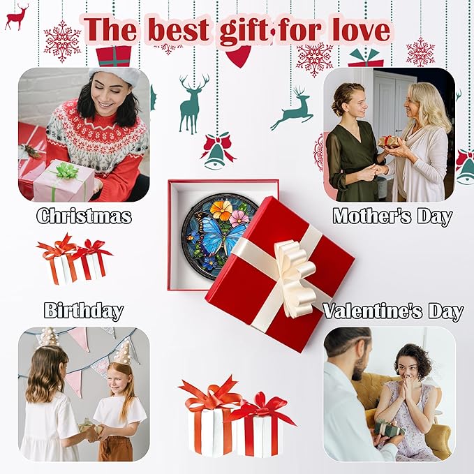 Stained Glass Window Hanging, Blue Butterfly Flower Suncatcher for Doors Home Sun Catchers Decoration and Christmas, Mother's Day Birthday Gifts for Women, Men, and Mom 11.8 in