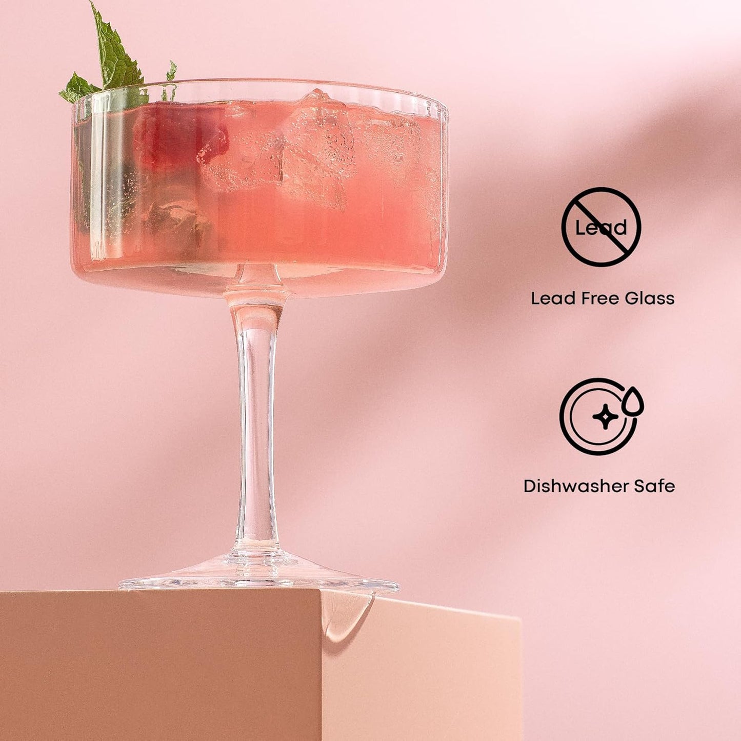 JoyJolt Elle Fluted 10oz Coupe Glass Set of 2, Unique Champagne Glasses for Cocktails and Martinis, Ribbed Vintage Style Drinking Glasses