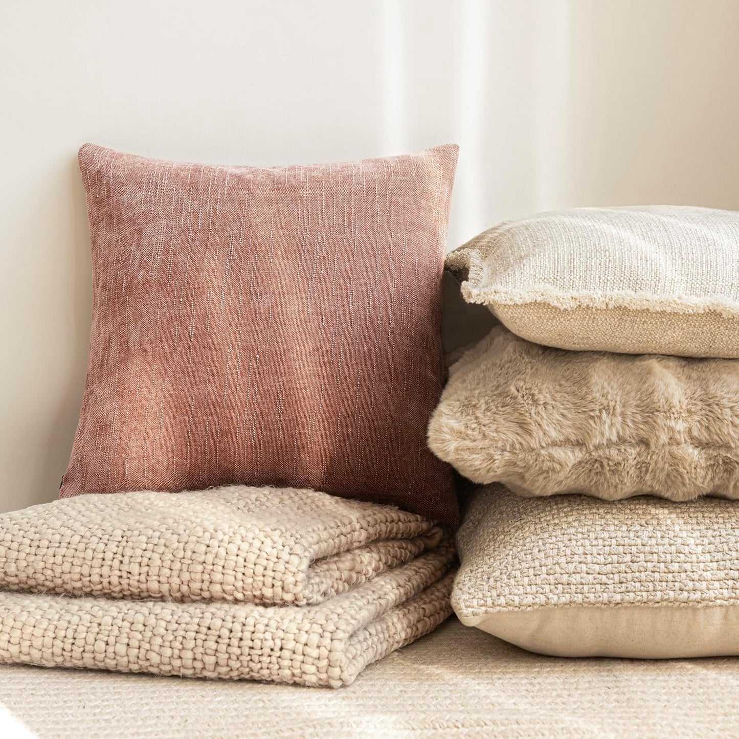 Foindtower Pack of 2 Textured Chenille Throw Decorative Pillow Covers Square Accent Solid Cushion Cover Neutral Farmhouse Pillow Case for Couch Sofa Bedroom Living Room 16x16 Inch,Dusty Pink