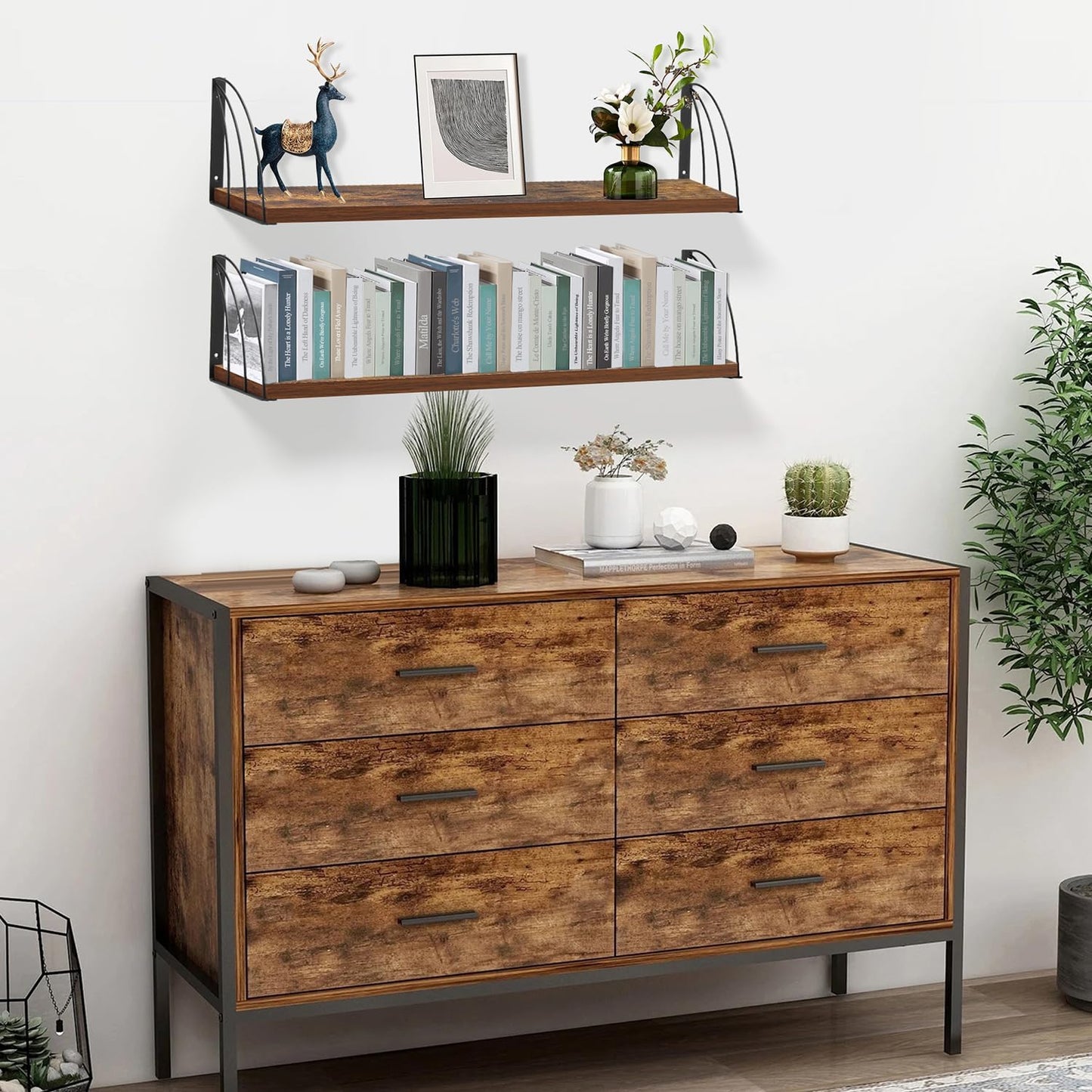 Long 36 inch Rustic Brown Floating Book Shelves for Wall - Curved Fan-Shaped Design with Built-in Anti-Slip Book Stops|0.71" Thick MDF Heavy Duty Floating Bookshelves|Wall Bookshelf for Books Set of 2