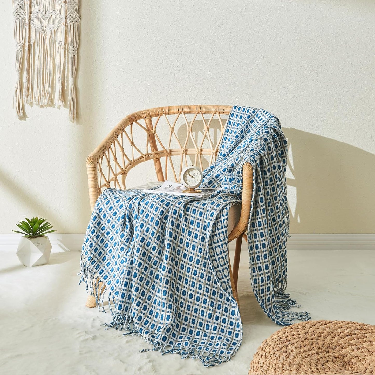 lifein Throw Blanket for Couch - Boho Throw Blanket, Knit Woven Blanket, Soft Decorative Blankets&Throws with Tassels for Bed,Sofa,Chair,Home Decor(50x60in,Blue)