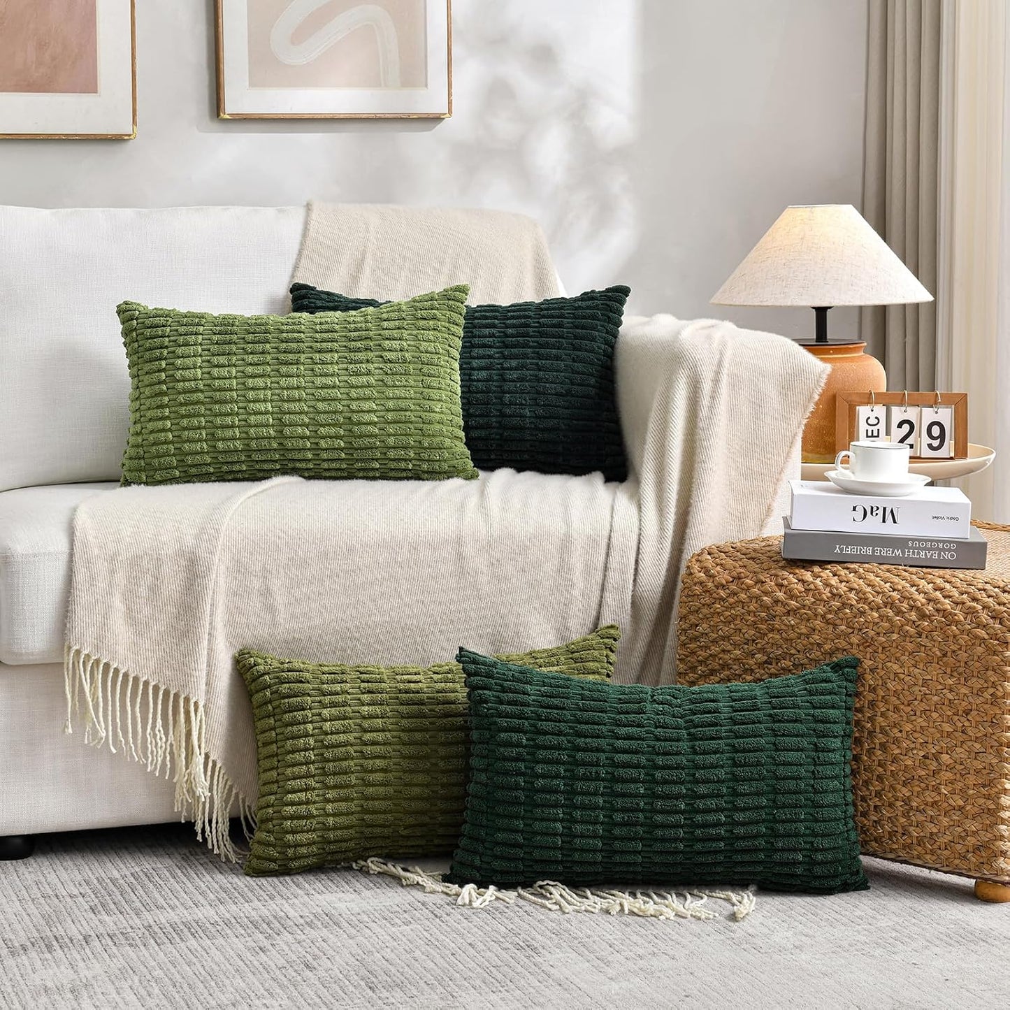 Fancy Homi Set of 4 Green Lumbar Rectangle Decorative Throw Pillow Covers 12x24 Inch for Couch Bed Chair, Aesthetic Boho Room Decor, Soft Fuzzy Thick Corduroy Textured Cushion Case 30x60cm