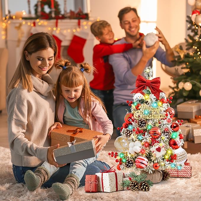 24 Inch Tabletop Christmas Tree with DIY Decorations,Snow Flocked Mini Xmas Tree with Multicolor LED Lights, Red Bow Topper, Pinecones, Rustic Wood Base, for Home Office Desk Classroom